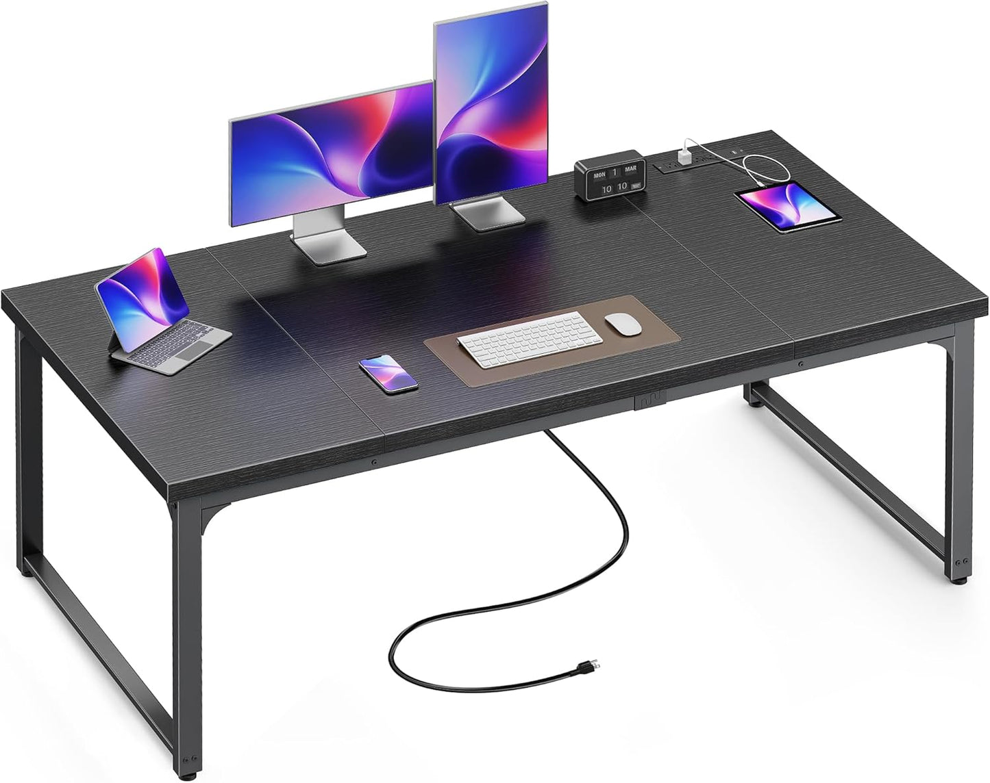 Huuger 63 x 24 inch Desk with Power Outlets & USB-C, Deeper & Thicker Desktop, Robust Metal Tubes, Computer Desk, Heavy Duty Office Desk, Work Gaming Desk, for Home Office, White