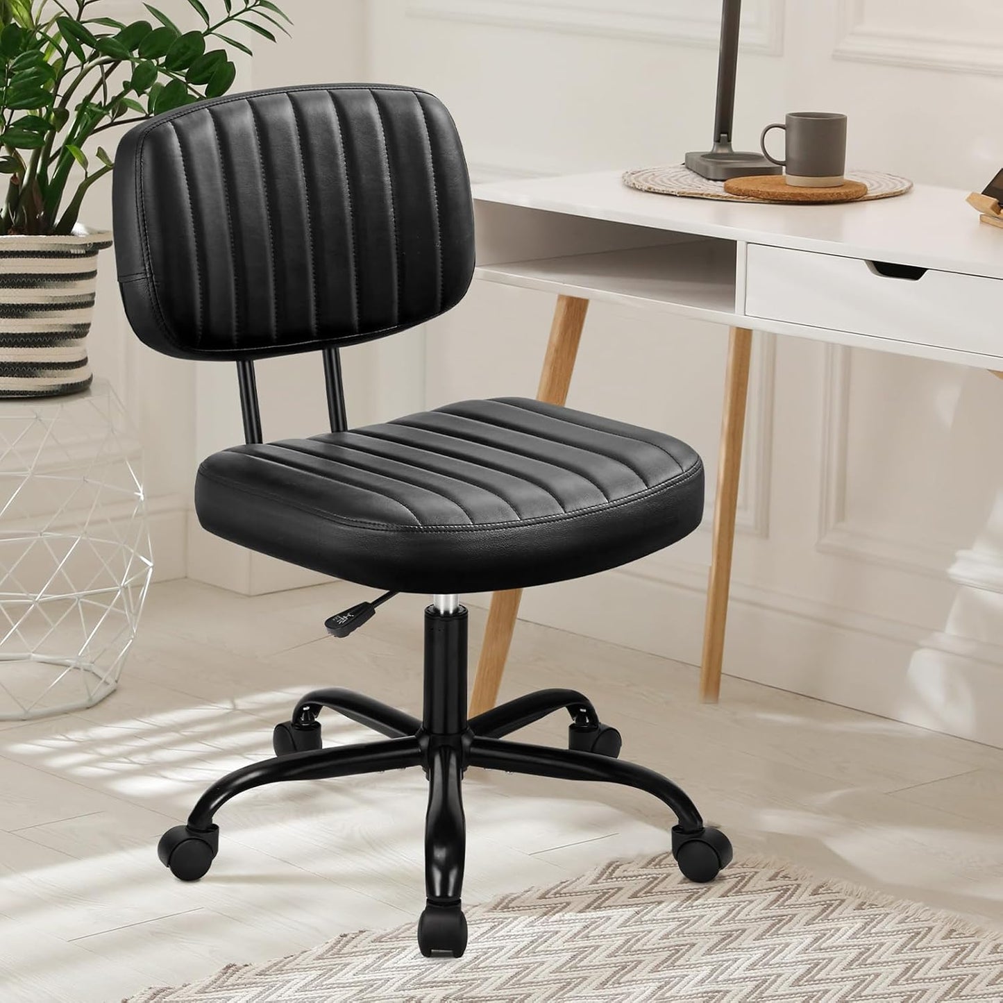 Armless Home Office Desk Chair -Small Ergonomic with Low Back Lumbar Support, Height Adjustable PU Leather Computer Task with 360° Swivel Rolling Wheels, for Small Space, Brown