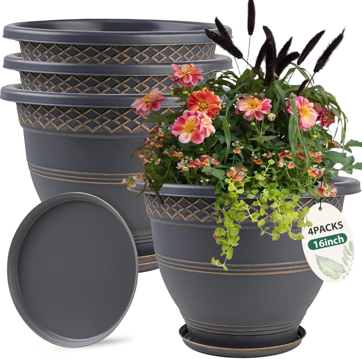 10 Inch 4 Pack Large Plant Pots, Plastic Flower Pot for Indoor & Outdoor with Drainage Holes & Saucer, Plaid Pattern Planters Garden Pots for Herbs