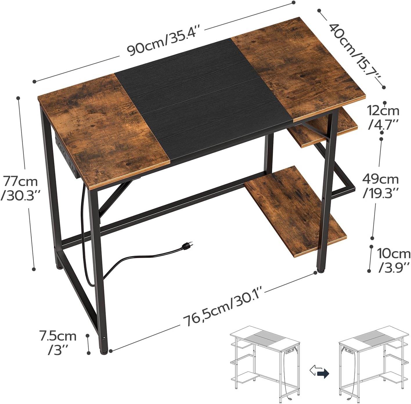HOOBRO Computer Desk, Home Office Desk with Power Outlet, Writing Desk with 2 Shelves, Modern Small Desk for Home Office, Study, Easy to Assemble, Rustic Brown and Black BF43UDN01