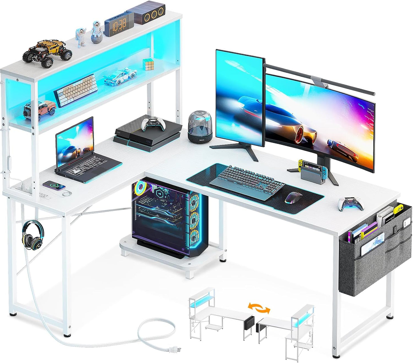 AODK L Shaped Desk Gaming Desk with LED Light & Power Outlet, 53 Inch Reversible L Shaped Computer Table with Shelf & Storage Bag & Hook for Home Office, Black