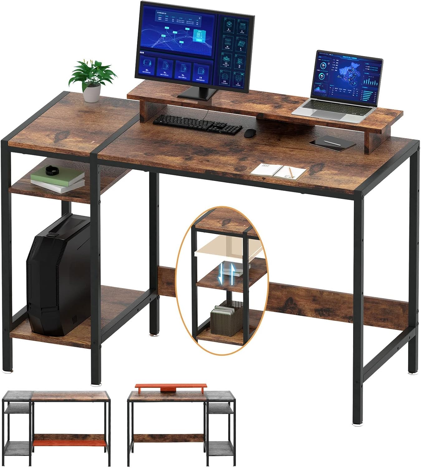 Computer Desk - 39” Gaming Desk, Home Office Table with Storage, Small Desk with Monitor Stand, Adjustable Storage Space, Modern Design Corner Table.