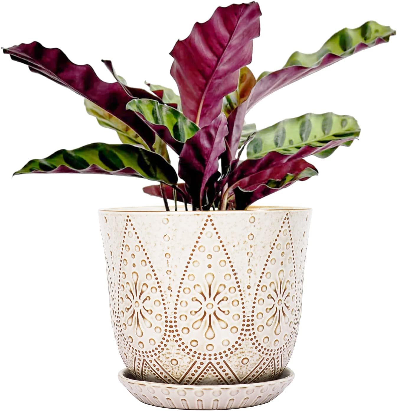 Gepege 6 Inch Beaded Ceramic Planter Set of 2 with Drainage Hole and Saucer for Plants, Indoor-Outdoor Large Round Succulent Orchid Flower Pot (Smoked Gray, Inner-pots not Larger Than 5 Inch)