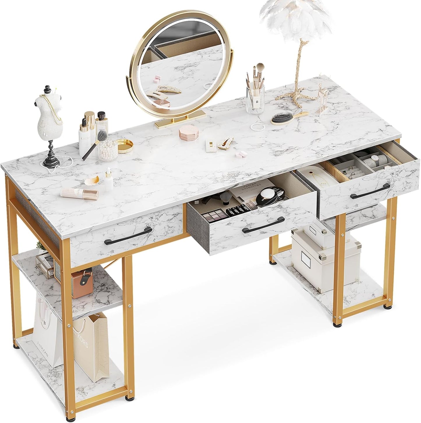 ODK Office Small Computer Desk: Home Table with Fabric Drawers & Storage Shelves, Modern Writing Desk, White, 48"x16"