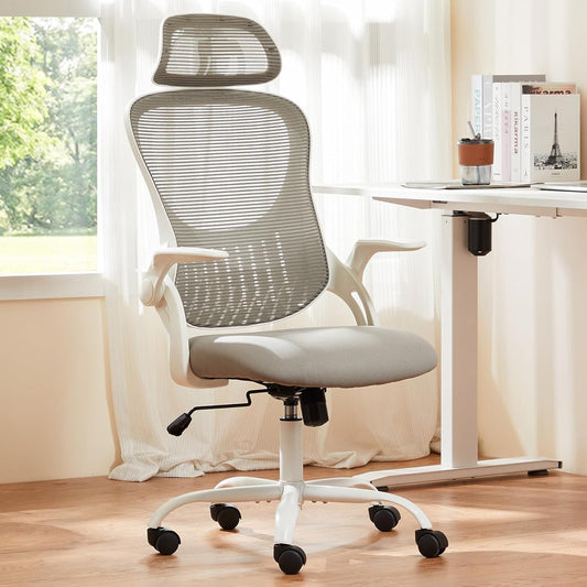 Sweetcrispy High-Back Mesh Home Office Chair with Adjustable Headrest and Lumbar Support, Flip-up Armrest Ergonomic Rolling Work Chair for Study, and Bedroom, Grey