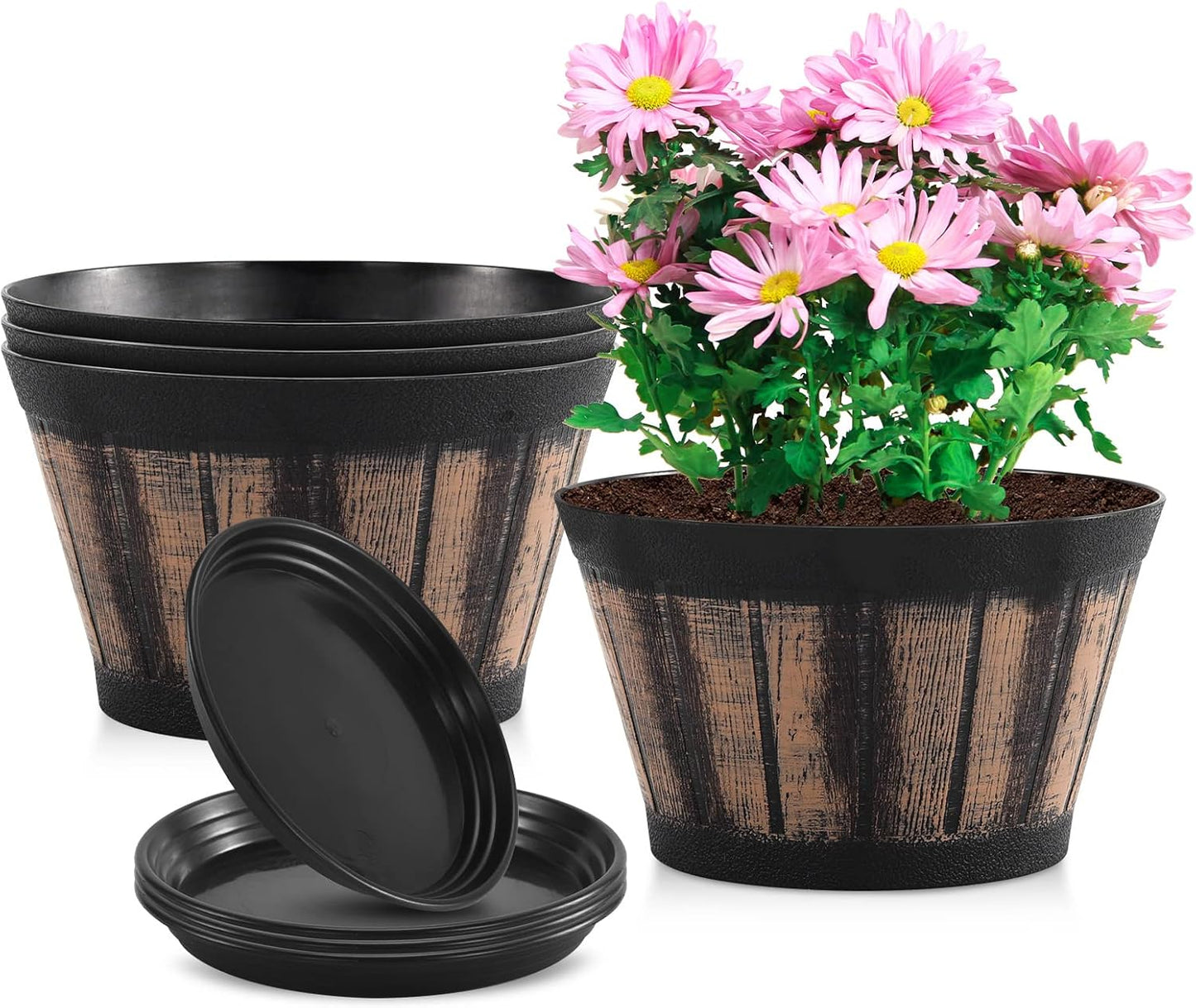 Quarut 3 Pack 10 inch Plant Pots,Whiskey Barrel Planters with Drainage Holes & Saucer, Plastic Decoration Flower Pots Imitation Wine Barrel Design, for Indoor & Outdoor Garden Home Plants (Brown)