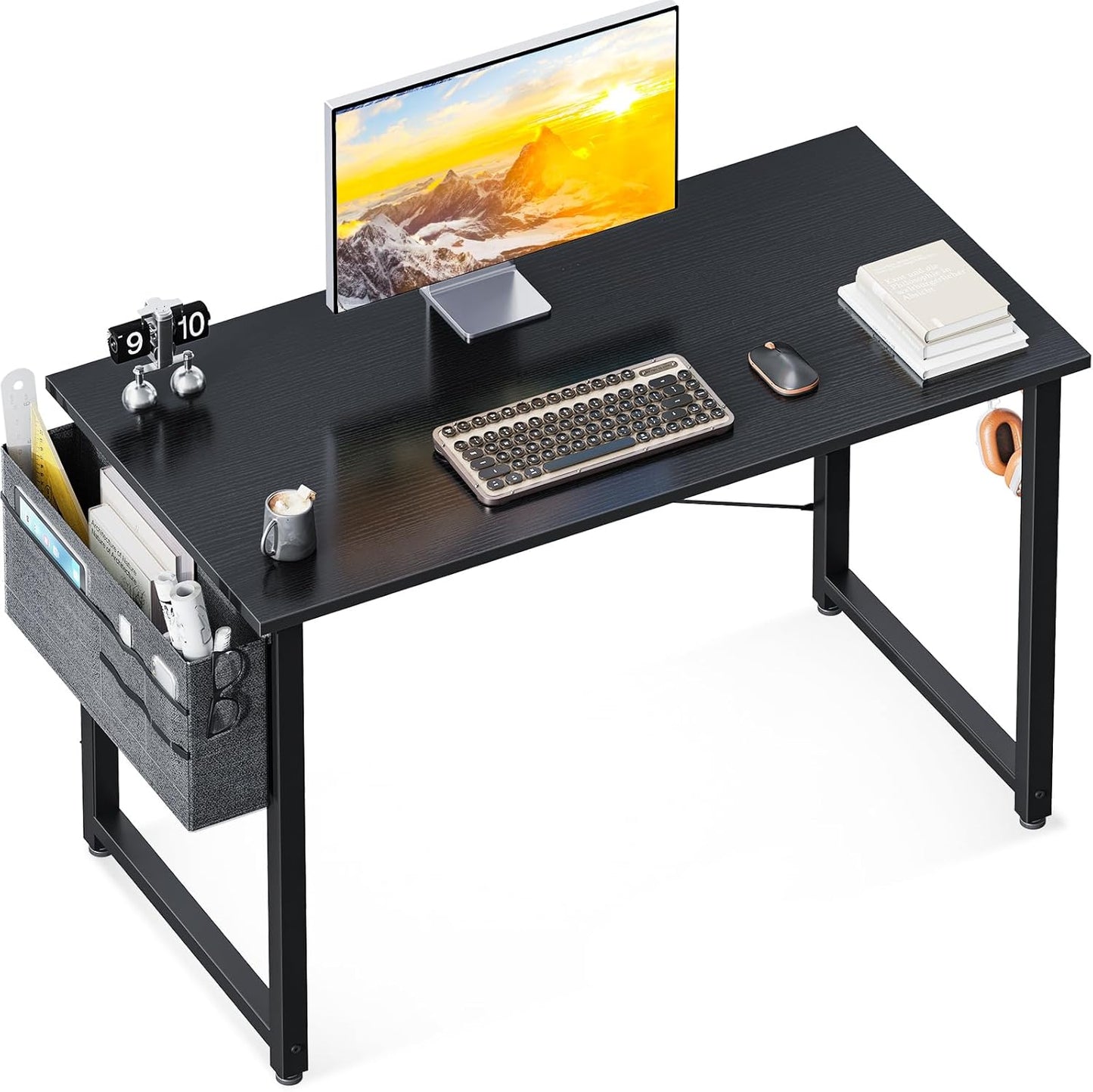 ODK Computer Desk, 40 Inch Small Study Desk, Office Desk with Storage, Work Table with Headphone Hook for Small Space Home Office, White Marble + Gold Leg