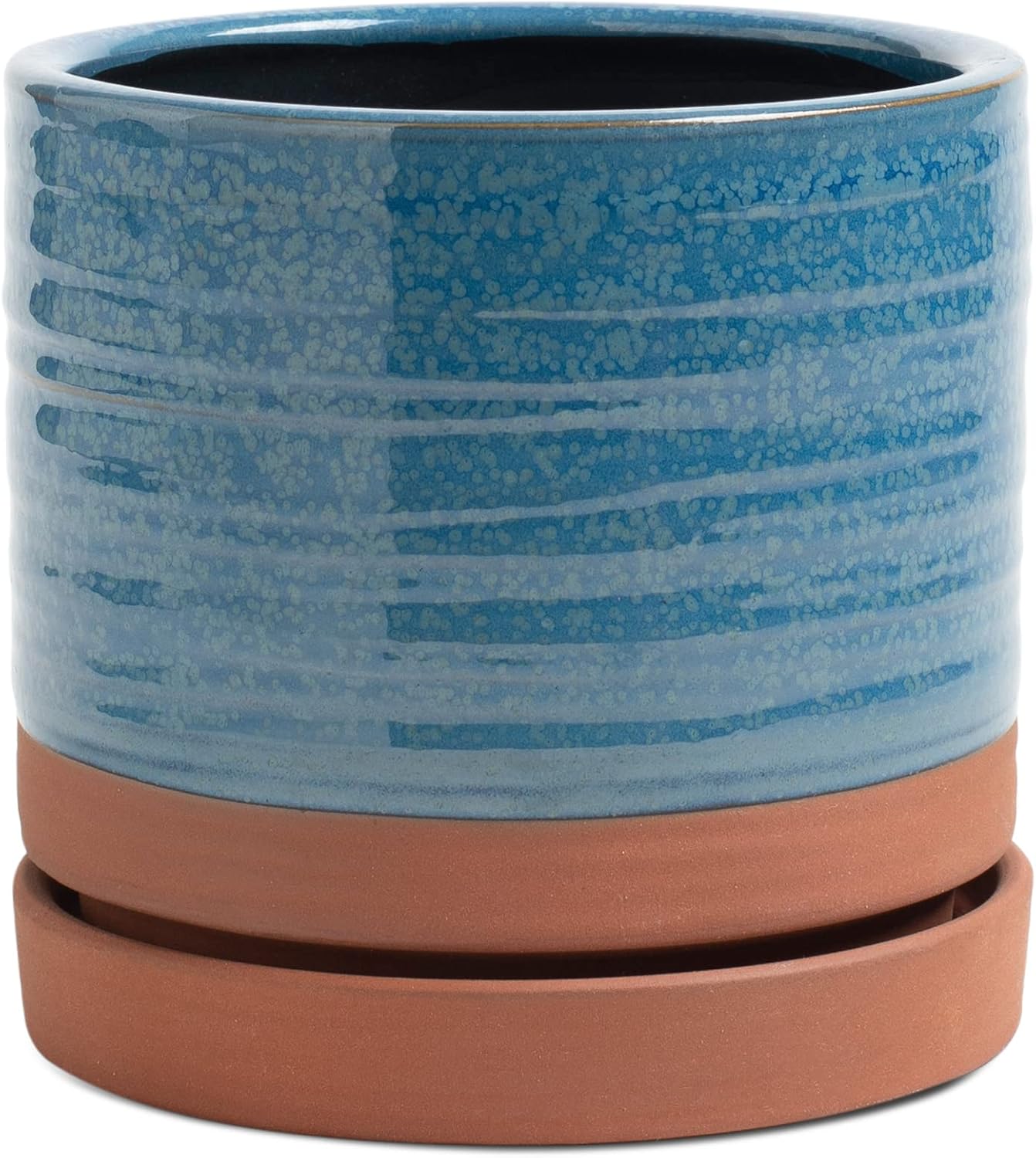 6 Inch Plant Pots, Ceramic Planter Pot with Drainage Hole & Saucer, Indoor/Outdoor Cylinder Round Planter Pot, Green & Beige