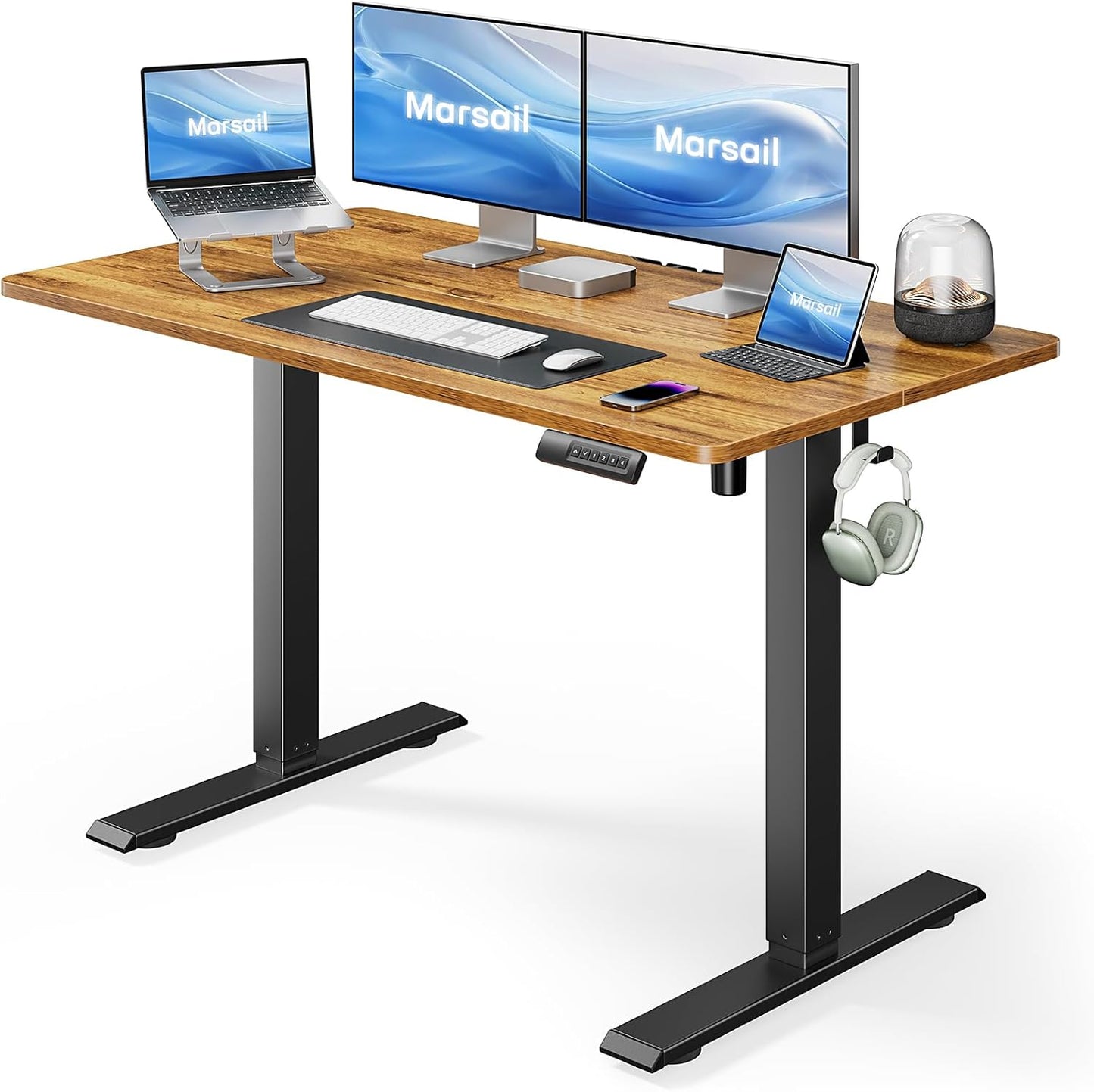 Marsail Standing Desk Adjustable Height Stand up Home Office Desk,‎ 48x24 Inch Electric Standing Computer Desk, with 4 Memory Presets, Headphone Hook, Cable Organizer, Black