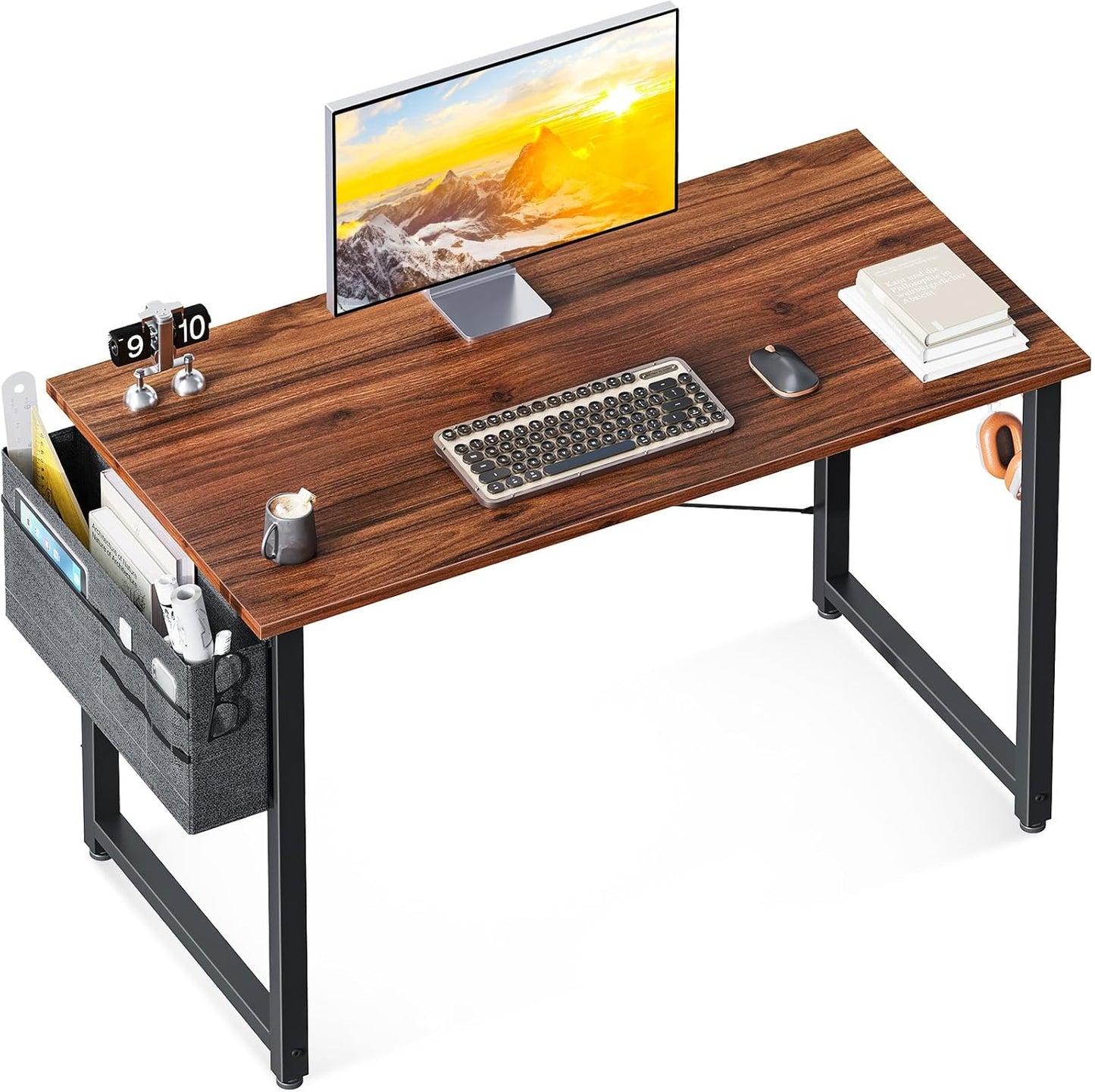 ODK Computer Desk, 40 Inch Small Study Desk, Office Desk with Storage, Work Table with Headphone Hook for Small Space Home Office, White Marble + Gold Leg