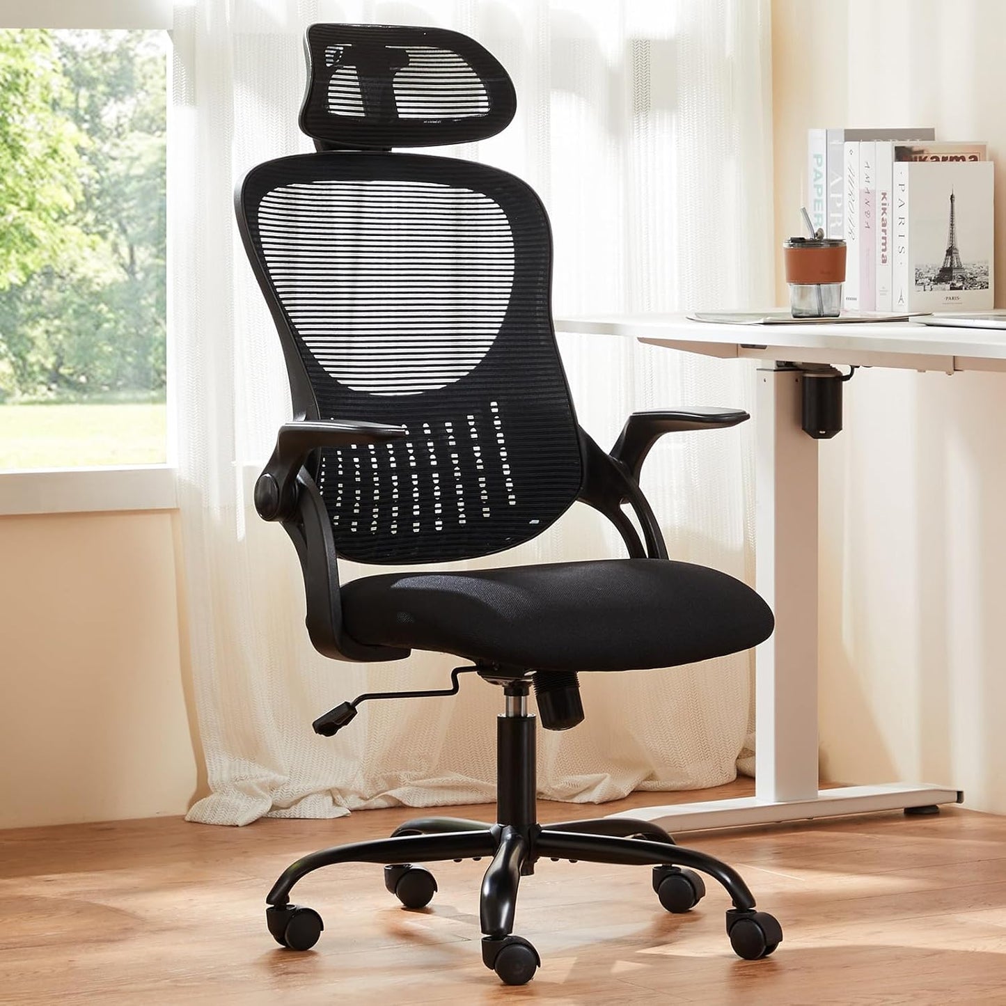 Sweetcrispy High-Back Mesh Home Office Chair with Adjustable Headrest and Lumbar Support, Flip-up Armrest Ergonomic Rolling Work Chair for Study, and Bedroom, Grey