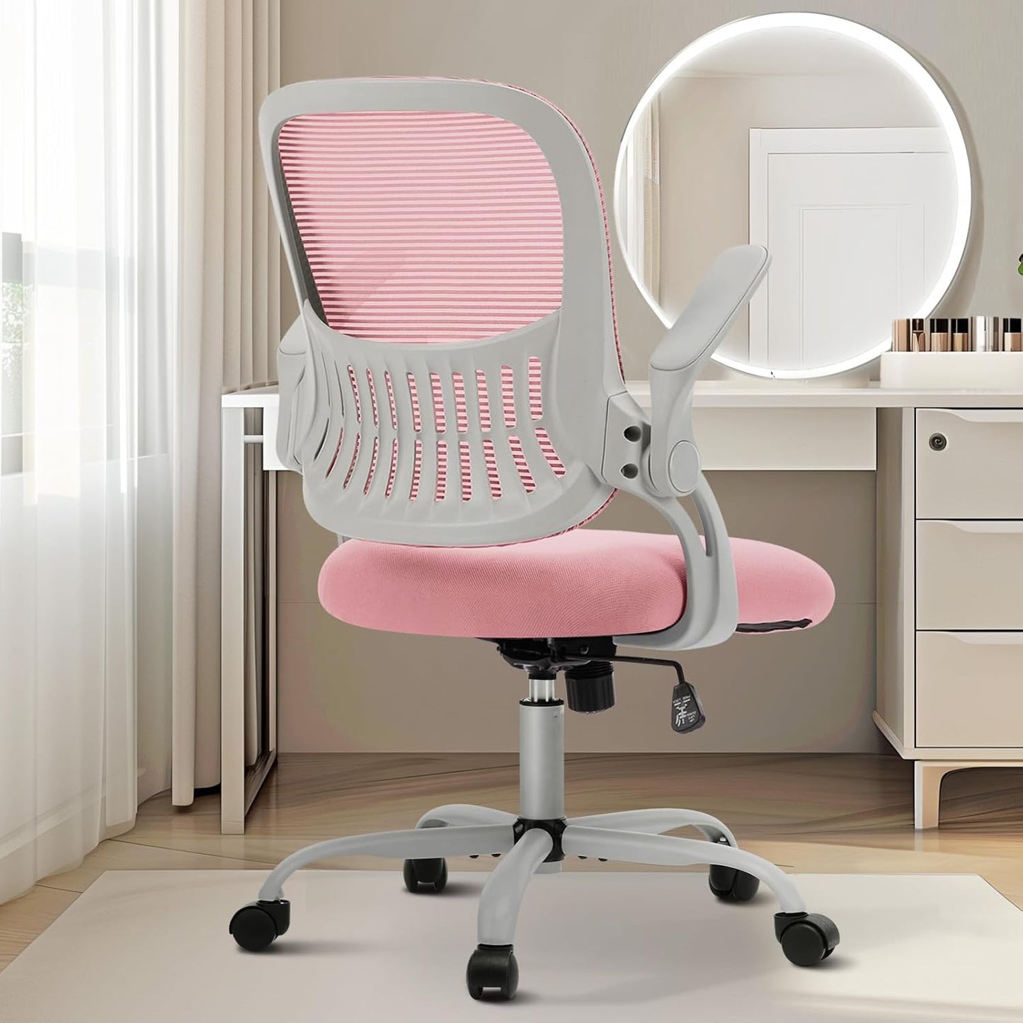 Sweetcrispy High-Back Mesh Home Office Chair with Adjustable Headrest and Lumbar Support, Flip-up Armrest Ergonomic Rolling Work Chair for Study, and Bedroom, Grey