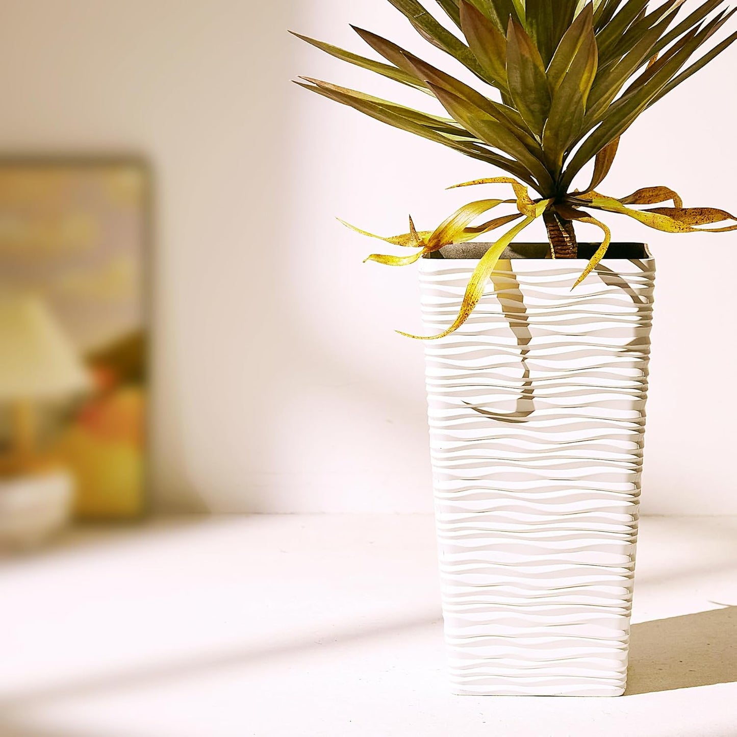 Worth Garden 22" Tall Planters Set of 2 - Plastic White Square Plant Pots - Modern Big Tapered Matte Wavy Tree Flower Pot for Indoor Outdoor Porch Deck