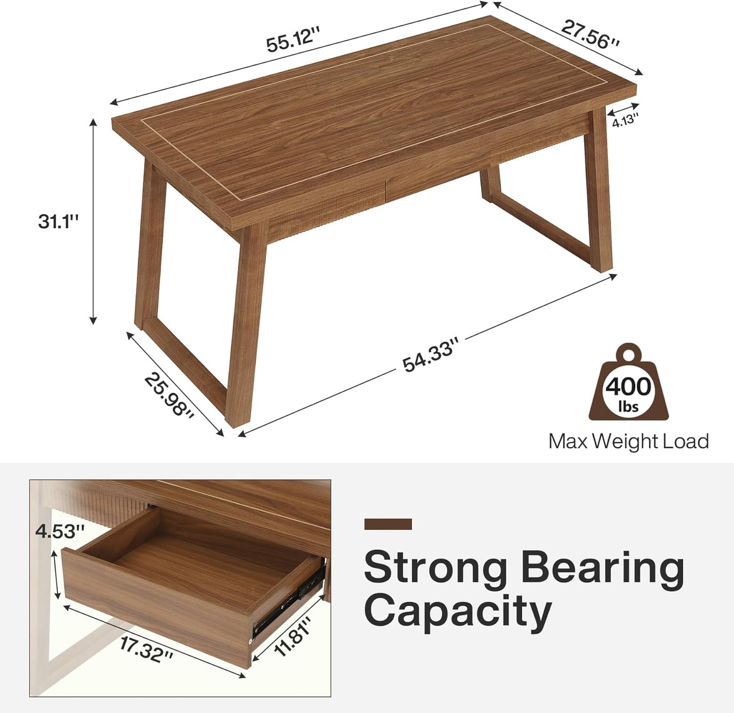 Tribesigns Home Office Executive Desk: 55 Inches Wooden Computer Desk with Drawer, Mid-Century Modern Study Writing Table, Rustic PC Laptop Desk Workstation Furniture, Walnut Brown