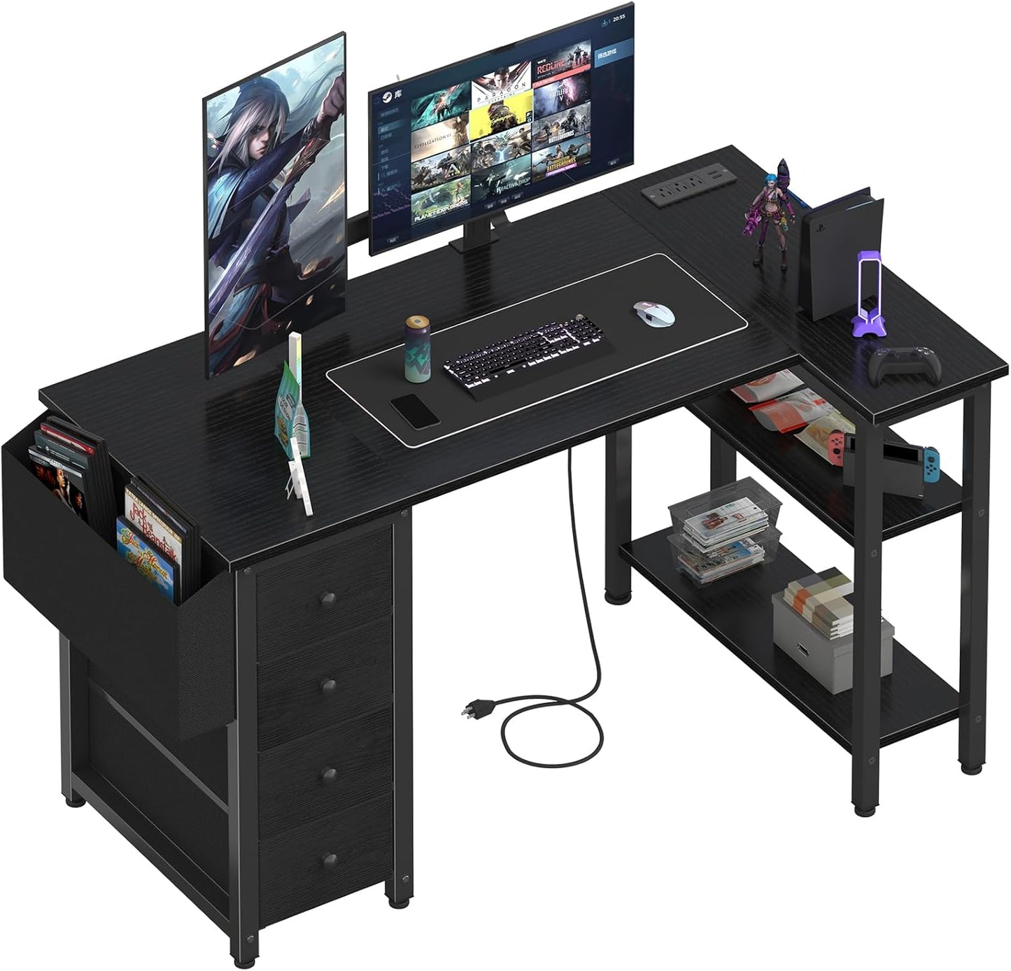 Lufeiya White L Shaped Computer Desk with Drawers & Storage Shelves, 47 Inch Corner Reversible Desk with Power Outlet for Home Office Bedroom, L-Shaped Teen PC Desks with Fabric Drawer, White