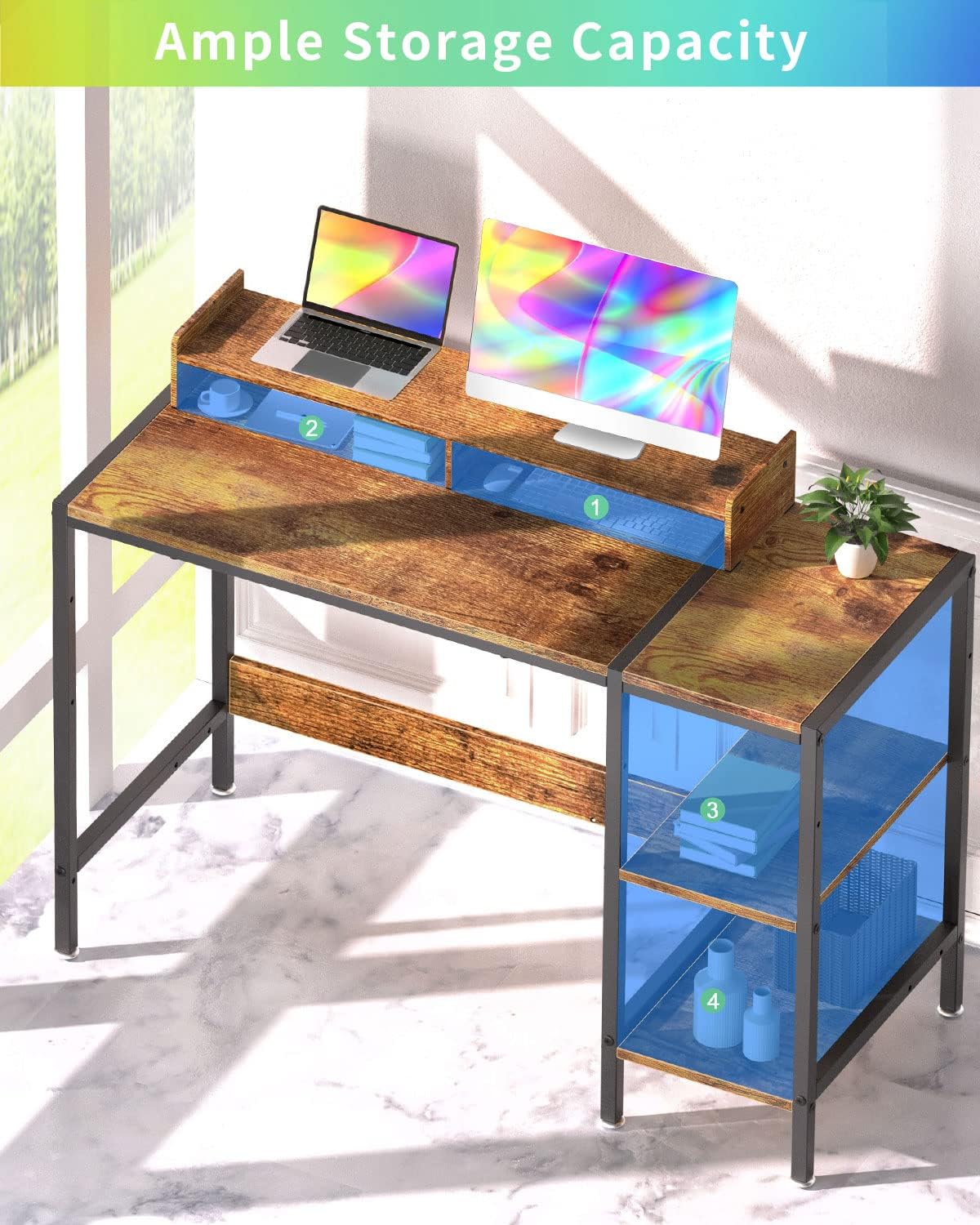 Computer Desk - 39” Gaming Desk, Home Office Table with Storage, Small Desk with Monitor Stand, Adjustable Storage Space, Modern Design Corner Table.