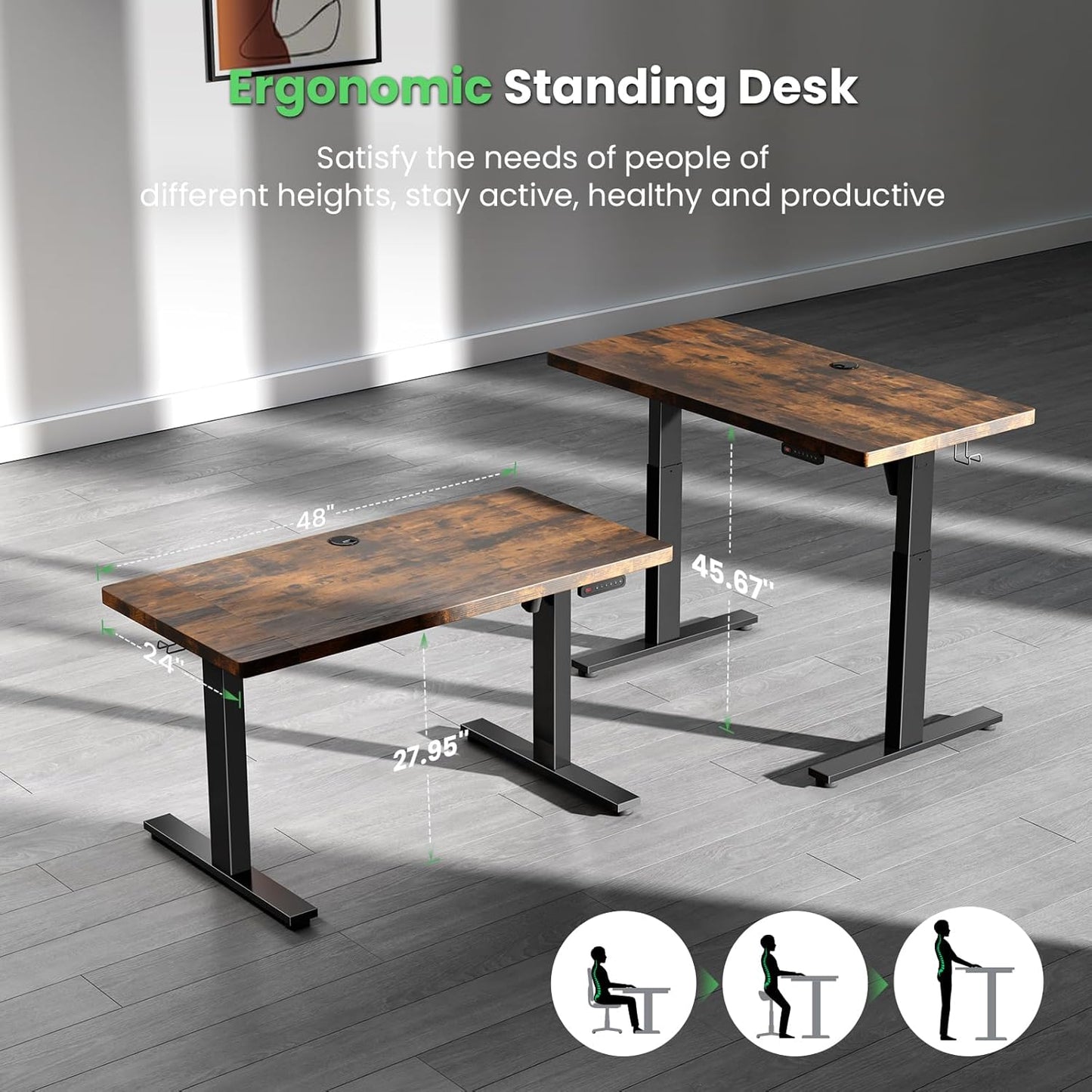 SIAGO Electric Standing Desk Adjustable - 48 x 24 Inch Sit Stand up Desk with Cable Management - 3 Memory Preset Adjustable Height Table