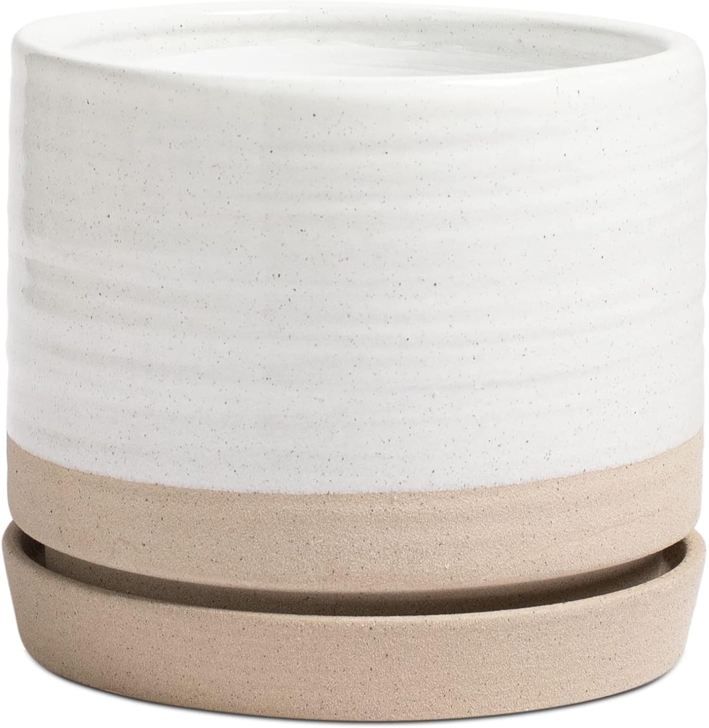 6 Inch Plant Pots, Ceramic Planter Pot with Drainage Hole & Saucer, Indoor/Outdoor Cylinder Round Planter Pot, Green & Beige