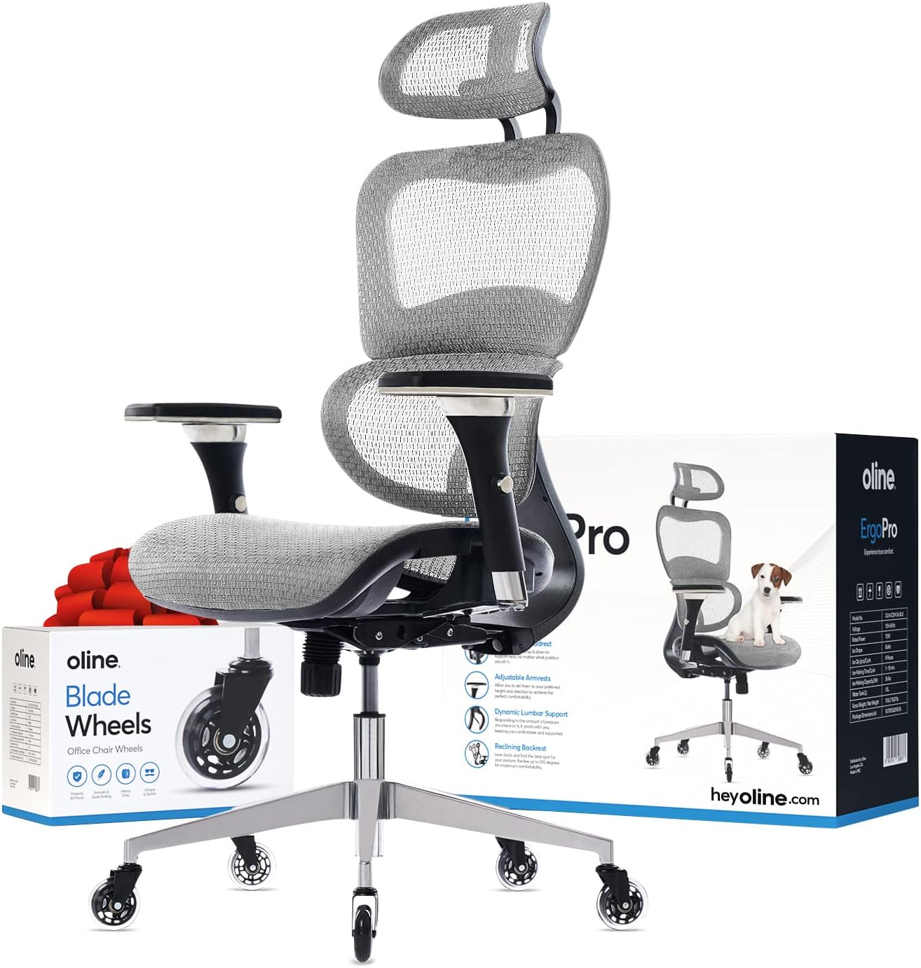 Oline ErgoPro Ergonomic Office Chair, Rolling Desk Chair with 4D Adjustable Armrest, 3D Lumbar Support, Blade Wheels, Mesh Computer Gaming Executive Swivel Chairs Chair (Black)