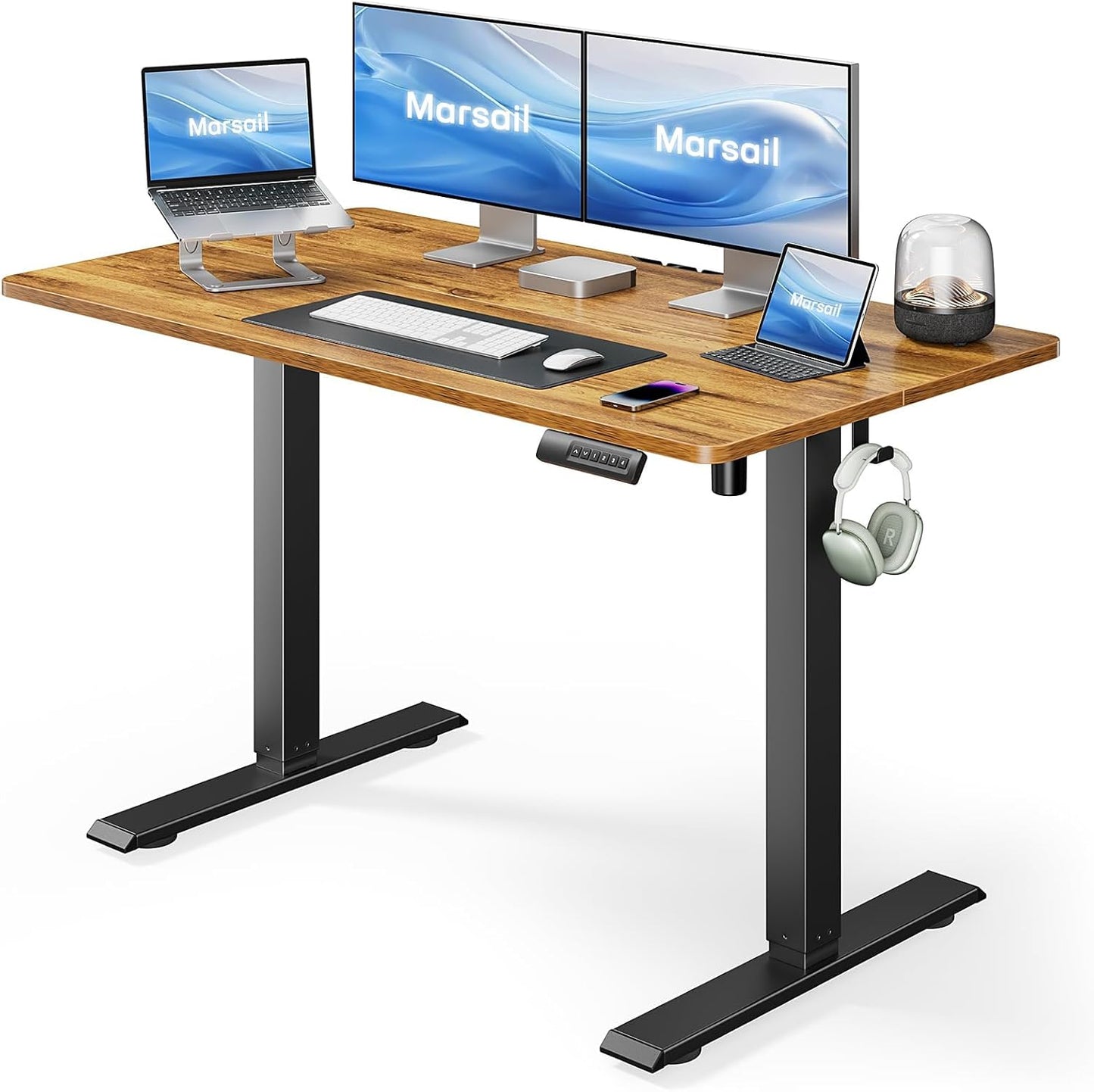Marsail Standing Desk Adjustable Height Stand up Home Office Desk,‎ 48x24 Inch Electric Standing Computer Desk, with 4 Memory Presets, Headphone Hook, Cable Organizer, Black