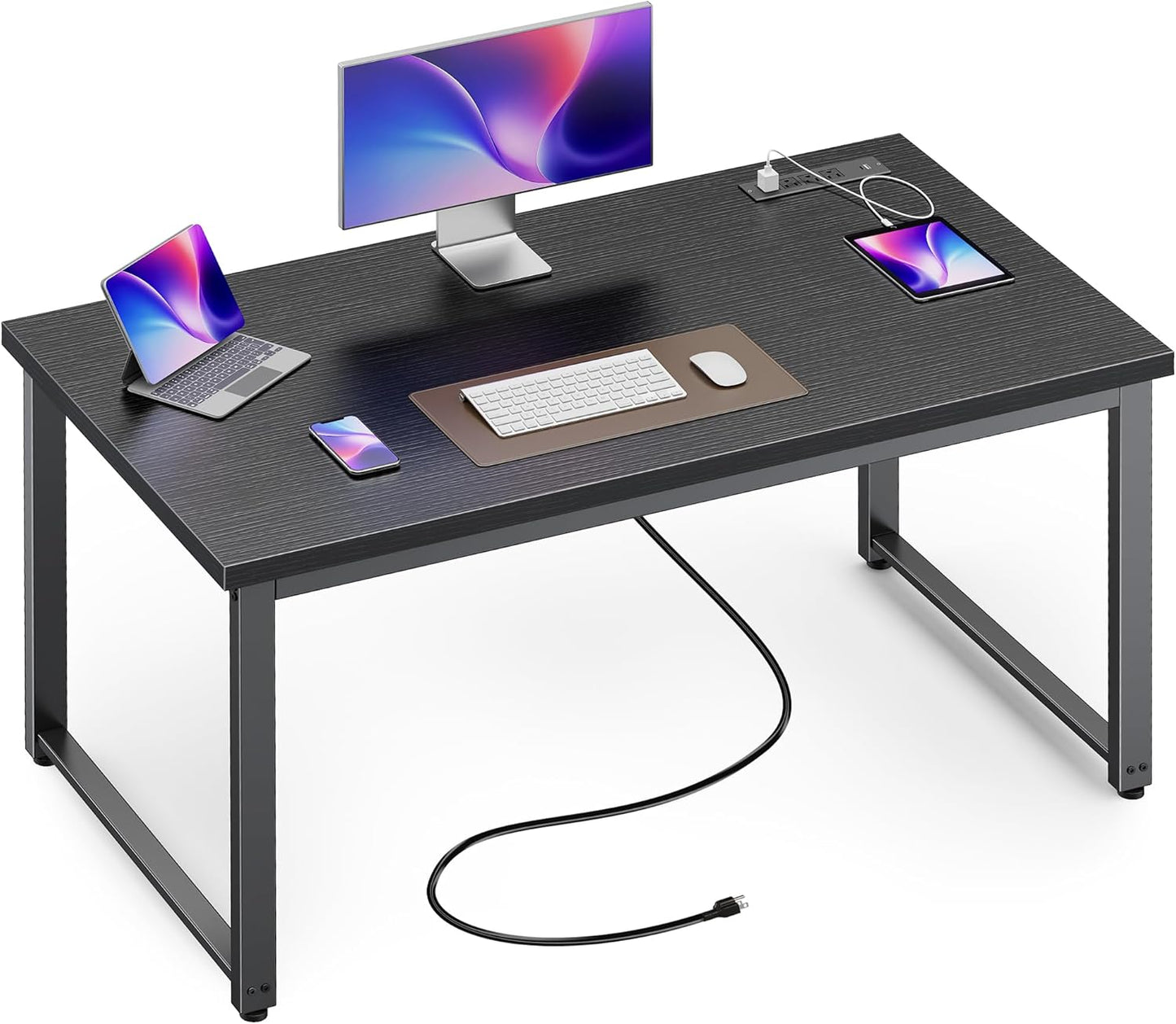 Huuger 63 x 24 inch Desk with Power Outlets & USB-C, Deeper & Thicker Desktop, Robust Metal Tubes, Computer Desk, Heavy Duty Office Desk, Work Gaming Desk, for Home Office, White
