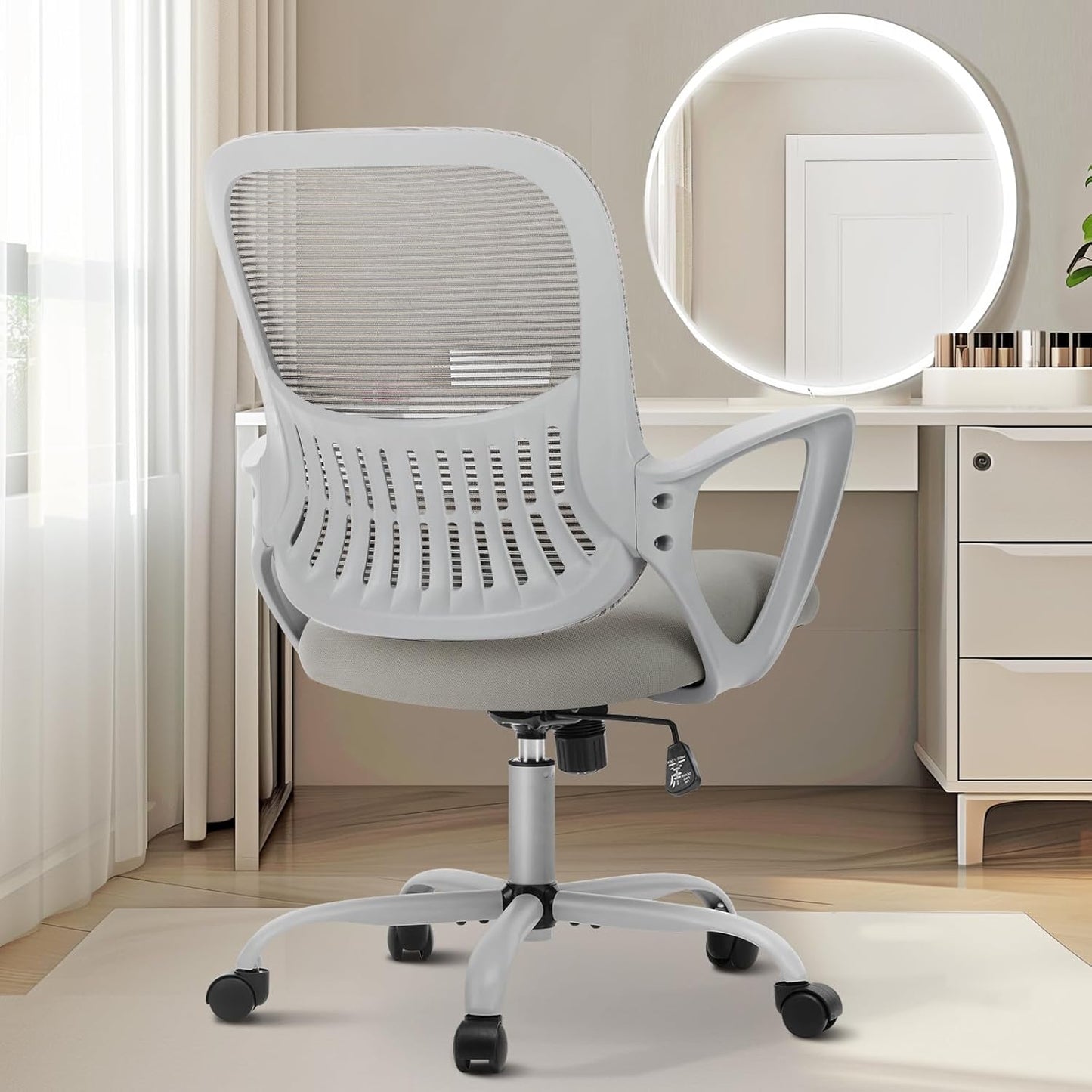 Sweetcrispy High-Back Mesh Home Office Chair with Adjustable Headrest and Lumbar Support, Flip-up Armrest Ergonomic Rolling Work Chair for Study, and Bedroom, Grey