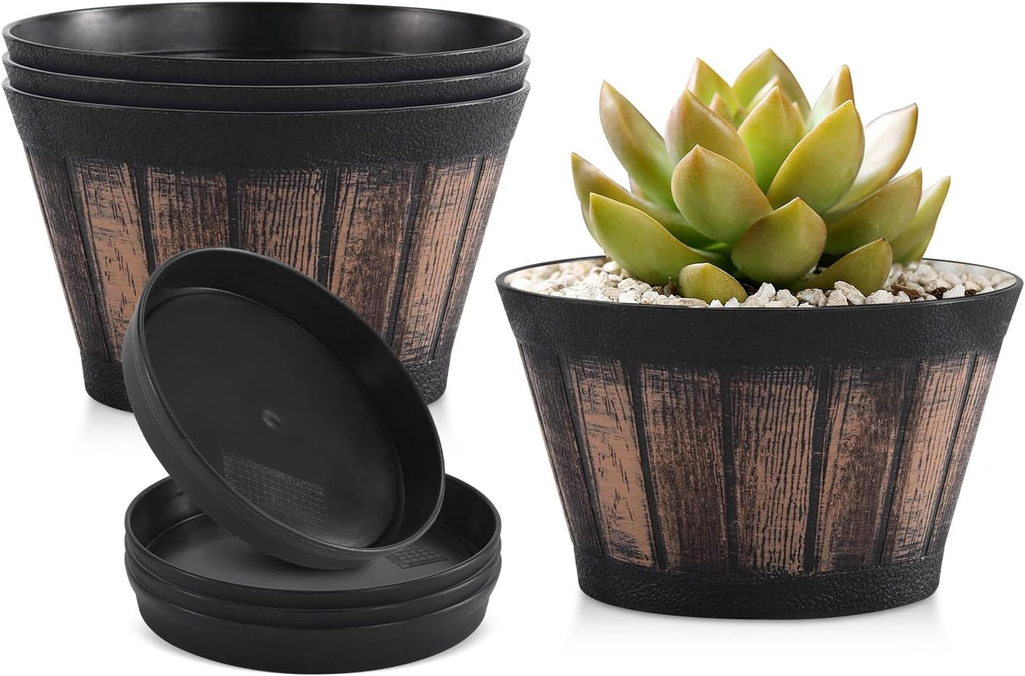 Quarut 3 Pack 10 inch Plant Pots,Whiskey Barrel Planters with Drainage Holes & Saucer, Plastic Decoration Flower Pots Imitation Wine Barrel Design, for Indoor & Outdoor Garden Home Plants (Brown)