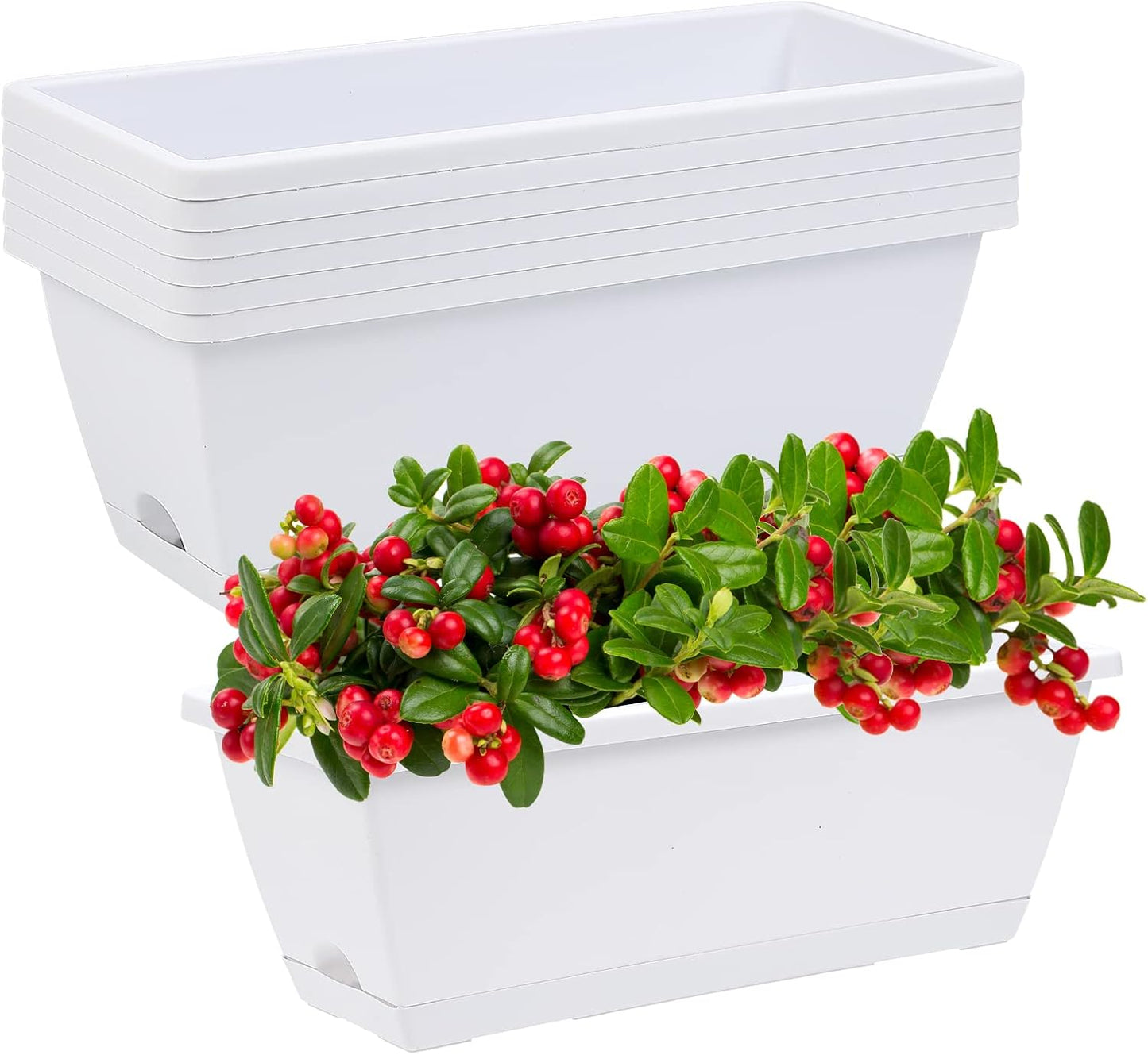 Window Box Planter, 7 Pack Plastic Vegetable Flower Planters Boxes 17 Inches Rectangular Flower Pots with Saucers for Indoor Outdoor Garden, Patio, Home Decor (Red)