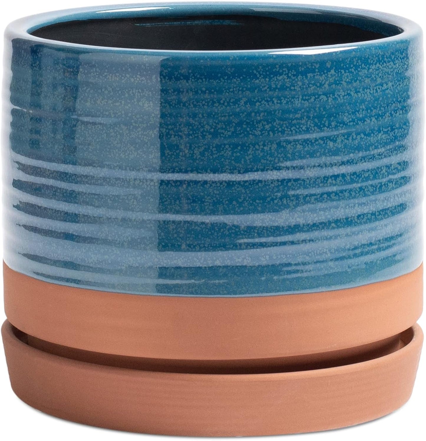 6 Inch Plant Pots, Ceramic Planter Pot with Drainage Hole & Saucer, Indoor/Outdoor Cylinder Round Planter Pot, Green & Beige
