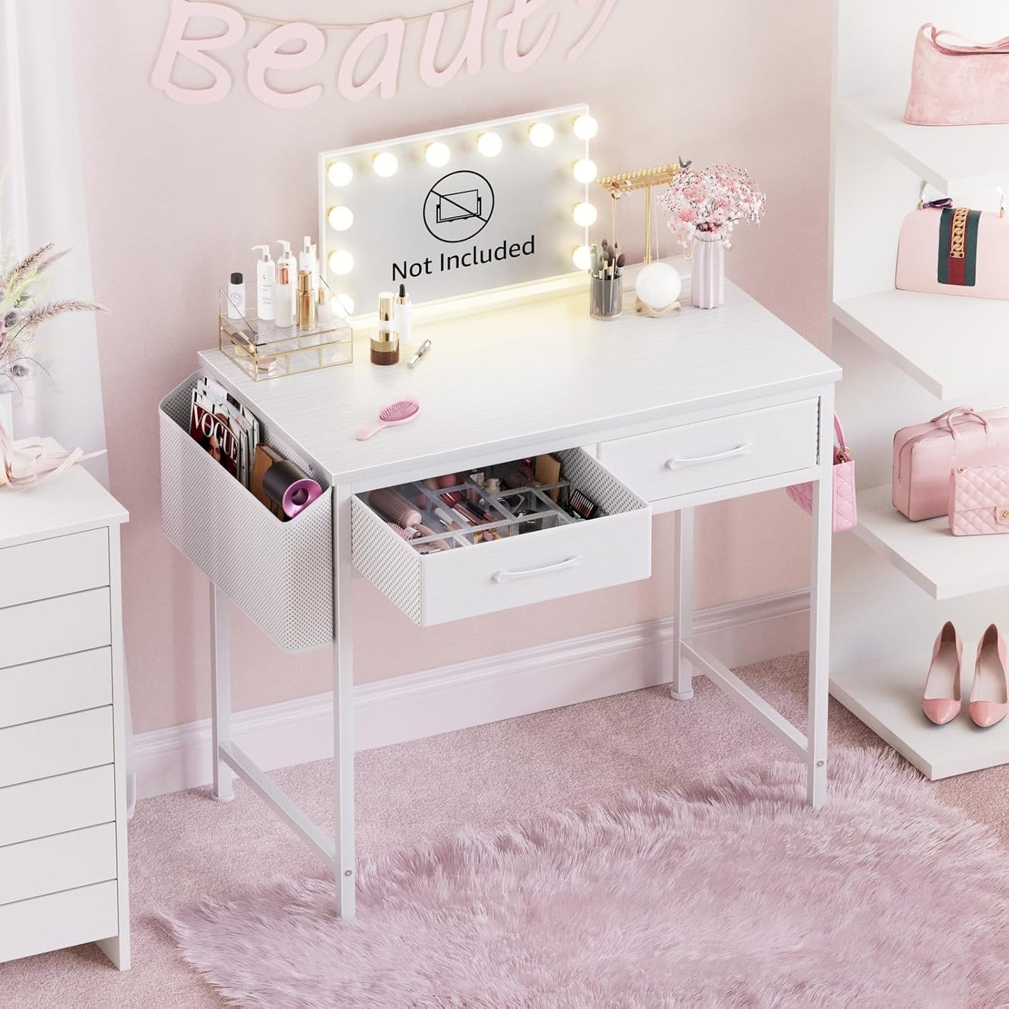 DLisiting Small Desk with Fabric Drawers for Bedroom, 32 Inch Gaming Desk with 2 Drawers for Small Space, Study Writing Table PC Desks, Black