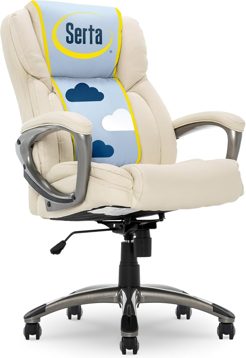Serta Garret Executive Office Chair, Ergonomic Mid-Back with Lumbar Support, Semi-Plush Cushion and Body Pillows, Padded Armrests, Swivel Base, Bonded Leather, High, Brown