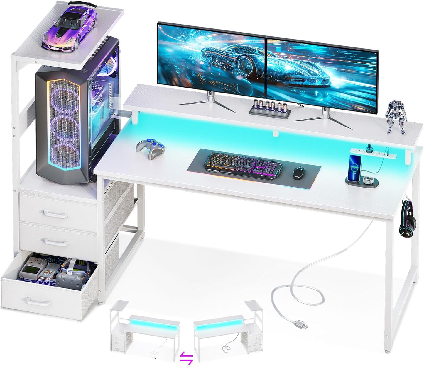 AODK 59 Inch Gaming Desk with USB Charging Ports & LED Light- Reversible Computer Desk with Storage Shelves & Monitor Stand, Modern Gamer Desk Table with Fabric Drawers & Side Hook, Carbon Fiber Black