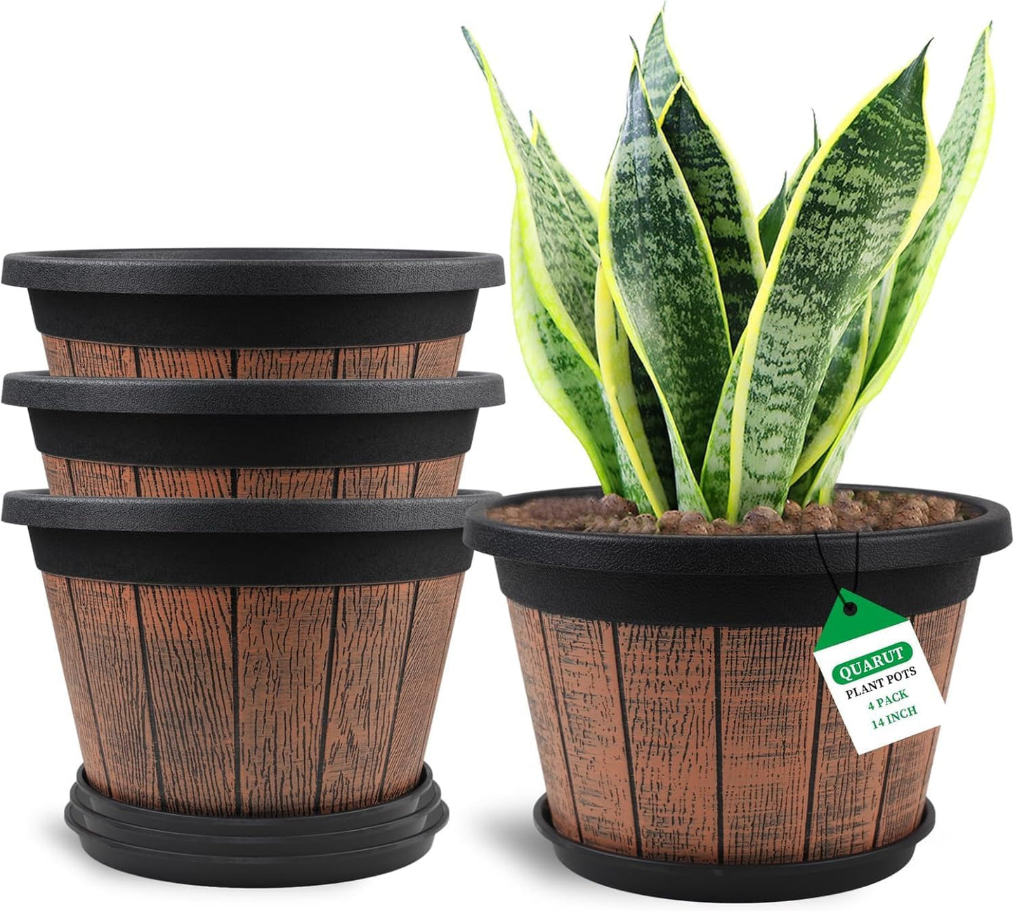 Quarut 4 Pack 10 inch Plant Pots,Upgrade Whiskey Barrel Planters with Drainage Holes & Saucer,Plastic Decoration Flower Pots Retro Design,Planters for Outdoor Indoor Garden Home Plants (Brown)