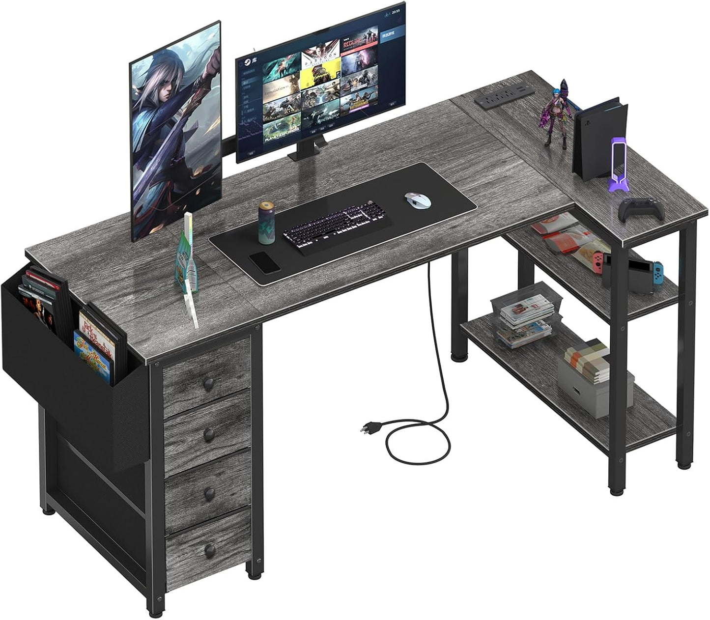 Lufeiya White L Shaped Computer Desk with Drawers & Storage Shelves, 47 Inch Corner Reversible Desk with Power Outlet for Home Office Bedroom, L-Shaped Teen PC Desks with Fabric Drawer, White