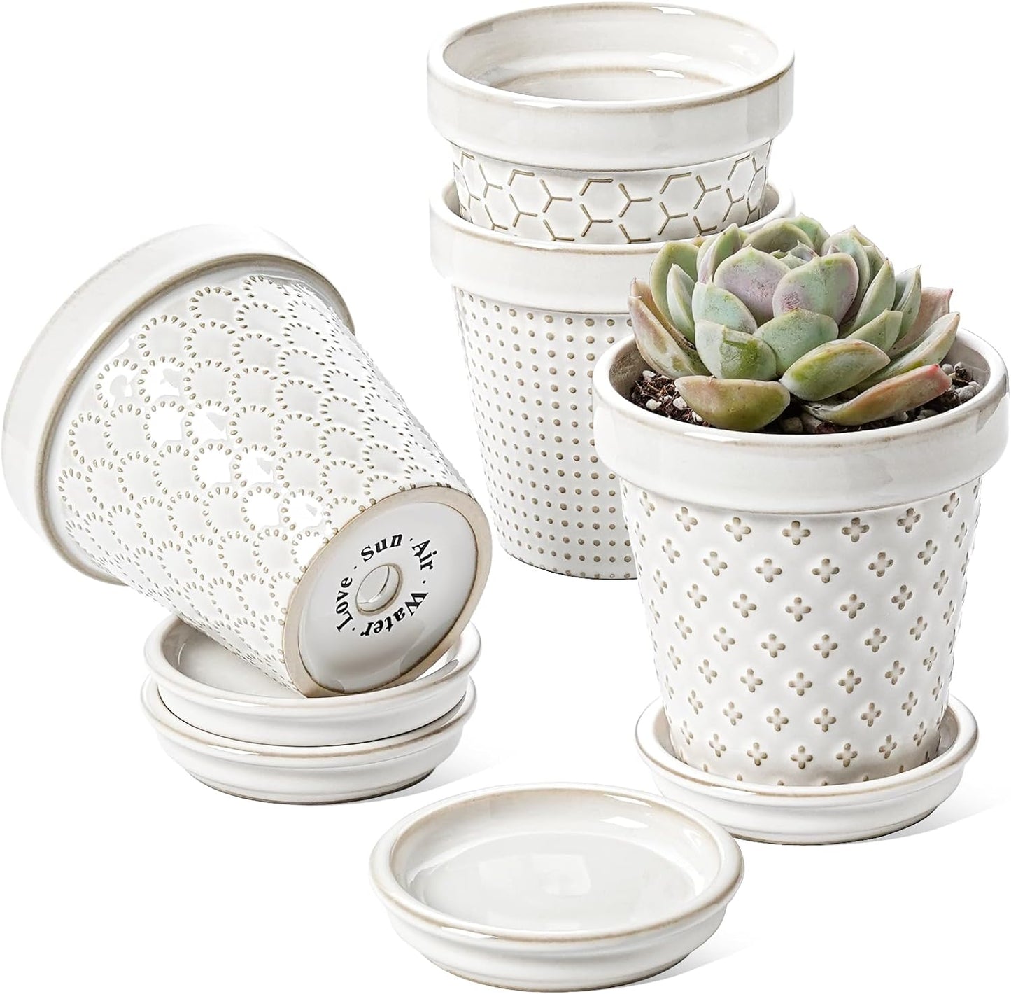 LE TAUCI Ceramic Plant Pots, 4.9 Inch Flower Pots with Drainage Hole & Saucer, Embossed Planter Pots for Indoor Plant Succulent, Orchid, Cactus, Home Decor - Set of 4, Arctic White