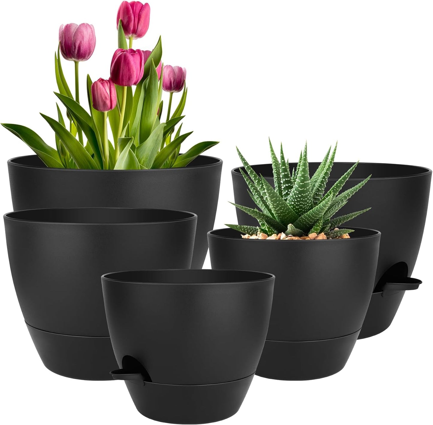 Plant Pots 10/9/8/7.5/7 Inch Self Watering Pots, Set of 5 Plastic Planters with Drainage Holes and Saucers,Plastic Flower Pots,Nursery Planting Pot for Indoor Out Door Plants（Green）