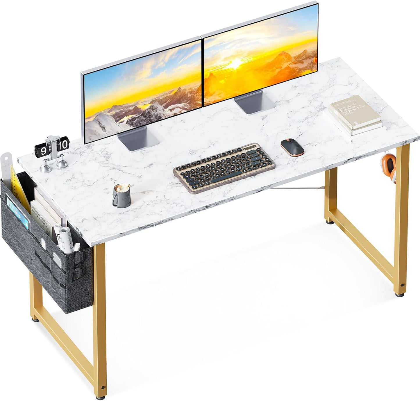 ODK Computer Desk, 40 Inch Small Study Desk, Office Desk with Storage, Work Table with Headphone Hook for Small Space Home Office, White Marble + Gold Leg