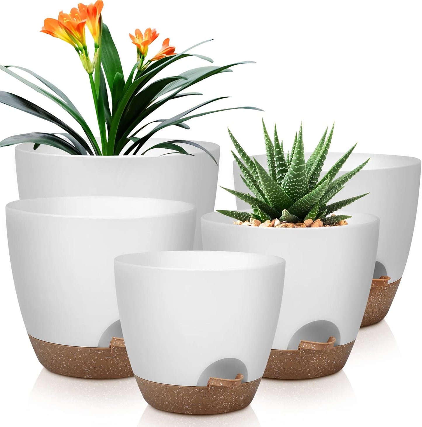 Plant Pots 10/9/8/7.5/7 Inch Self Watering Pots, Set of 5 Plastic Planters with Drainage Holes and Saucers,Plastic Flower Pots,Nursery Planting Pot for Indoor Out Door Plants（Green）