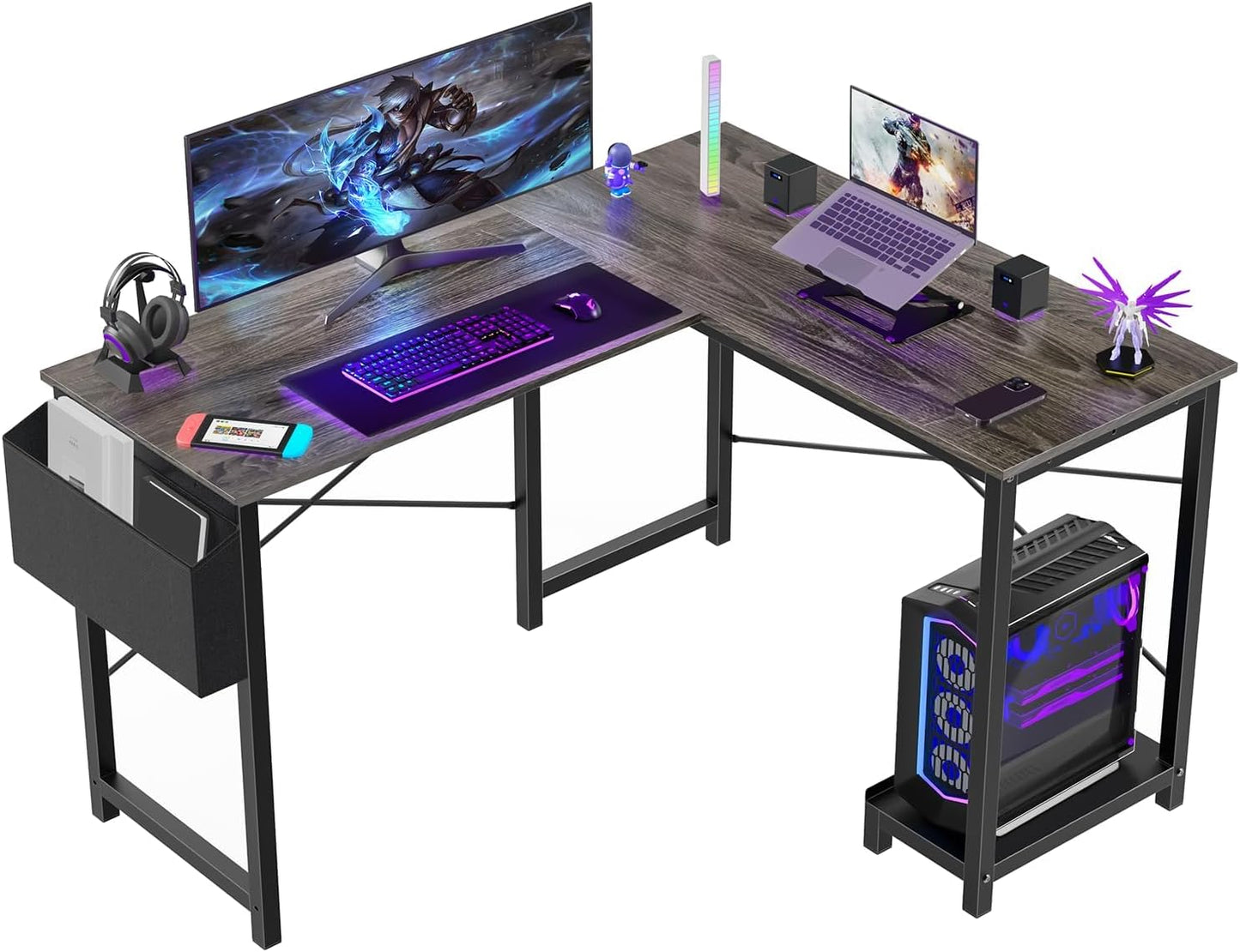 Sweetcrispy L Shaped Desk - Computer Desk Corner Desks Gaming Desk PC Table with CPU Stand Side Bag for Home Office Dorm Sturdy Writing Workstation, Black, 50-Inch