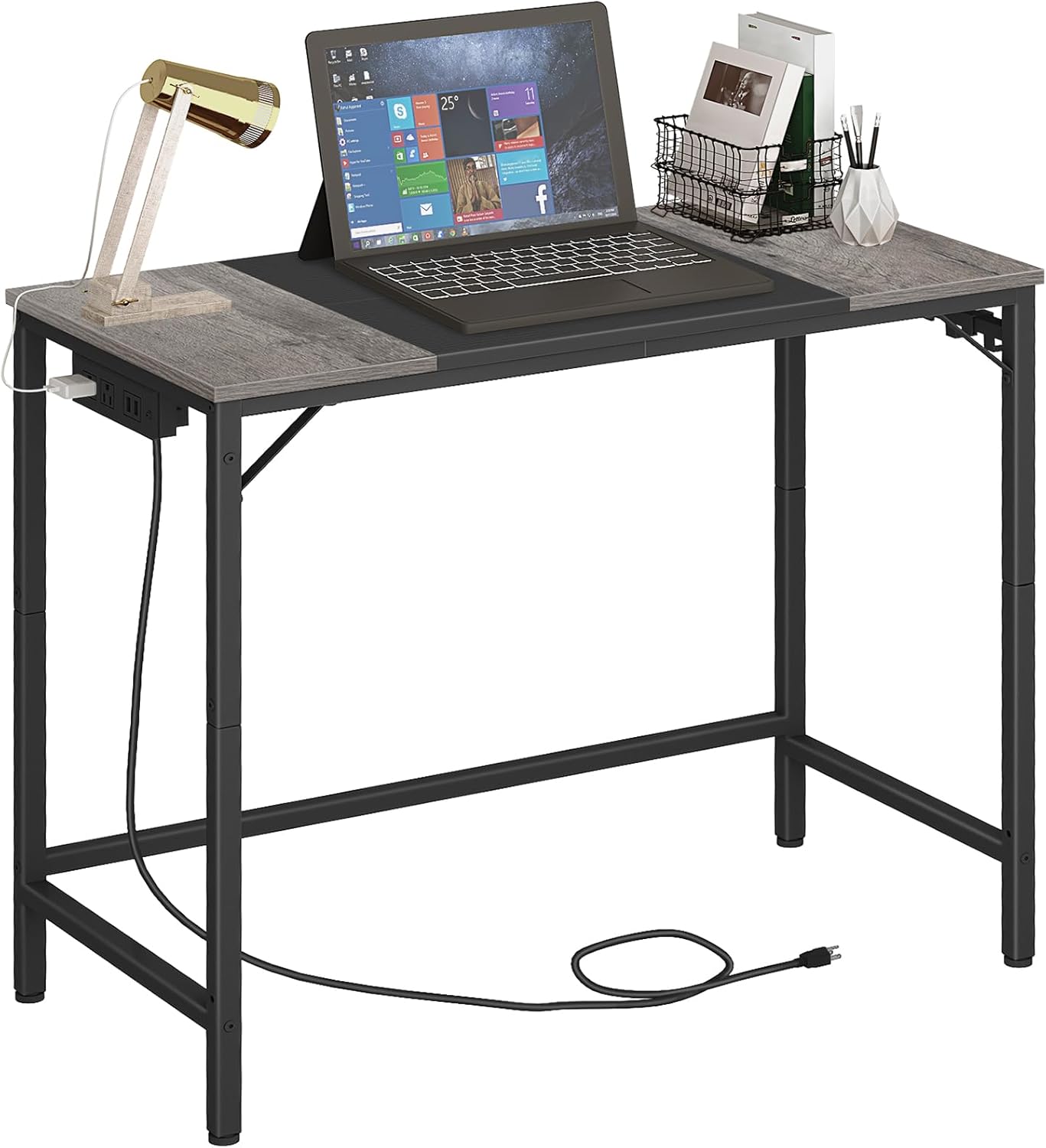 HOOBRO Computer Desk, Home Office Desk with Power Outlet, Modern Study Writing Desk with 3 Hooks for Study Room, Home Office, Sturdy and Stable, Easy to Assemble, Rustic Brown and Black BF40UDN01