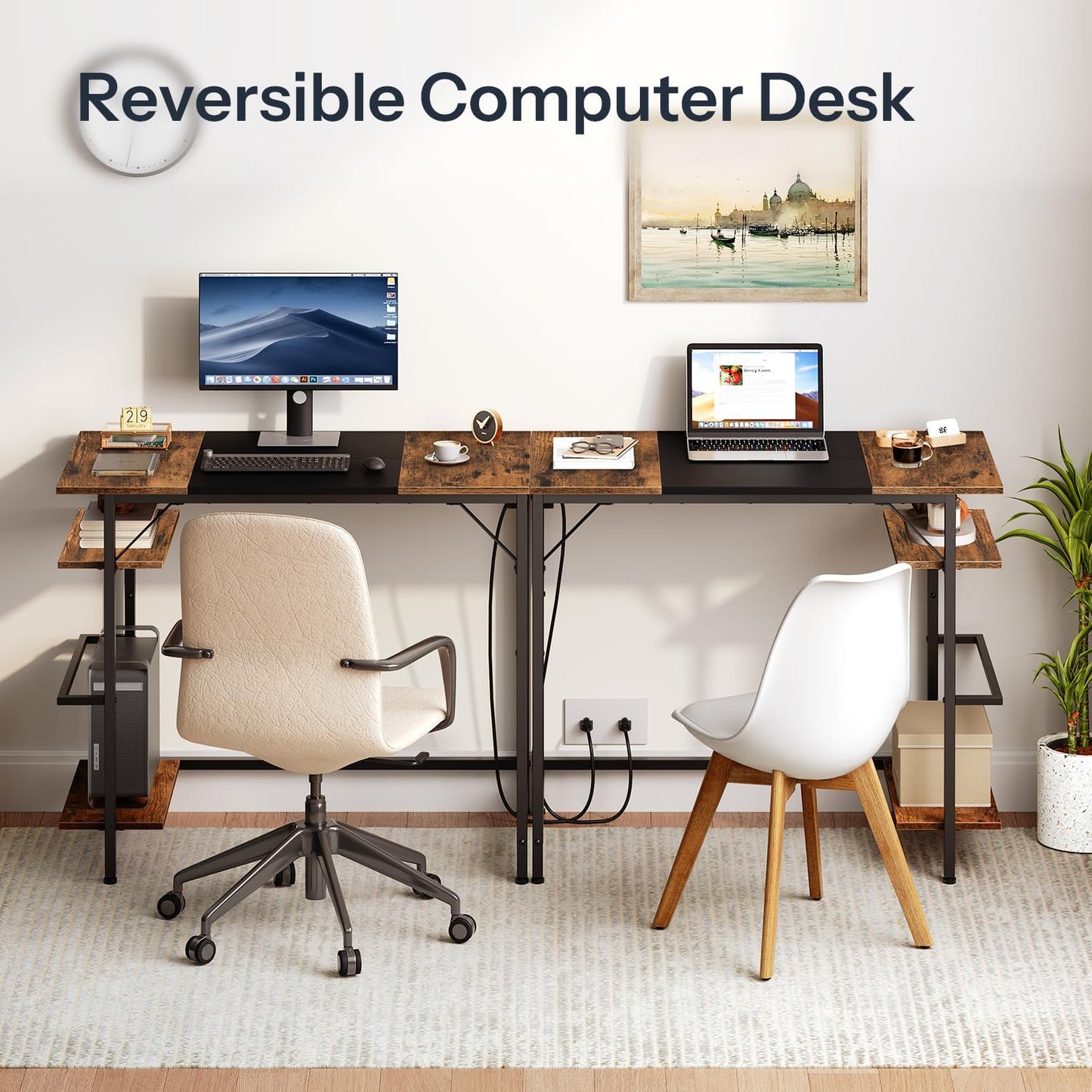 HOOBRO Computer Desk, Home Office Desk with Power Outlet, Writing Desk with 2 Shelves, Modern Small Desk for Home Office, Study, Easy to Assemble, Rustic Brown and Black BF43UDN01