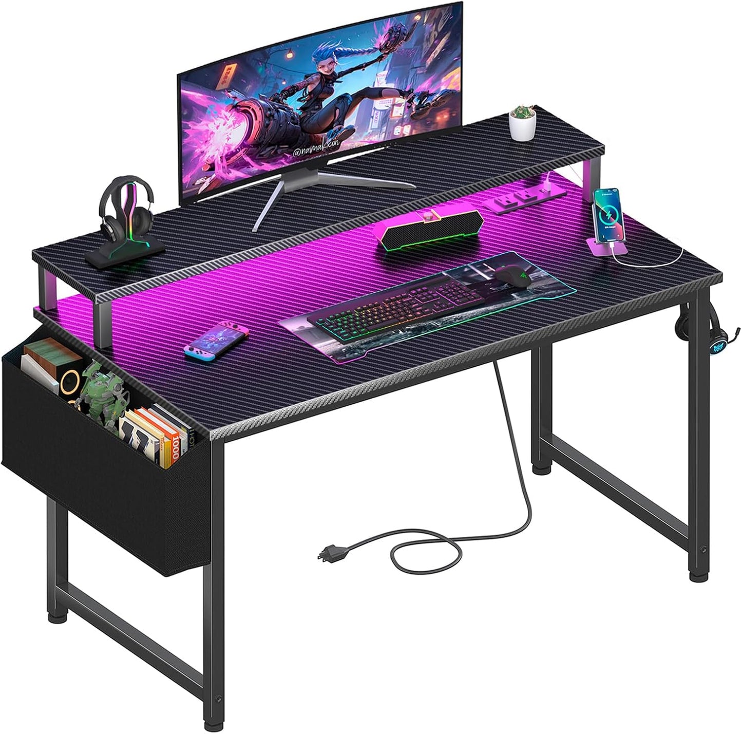 Lufeiya Black Gaming Desk with LED Lights and Power Outlets, 40 Inch Teen Writing Study Table Home Office Desks with Monitor Stand, Computer Desk with Charging Station USB Port, Black