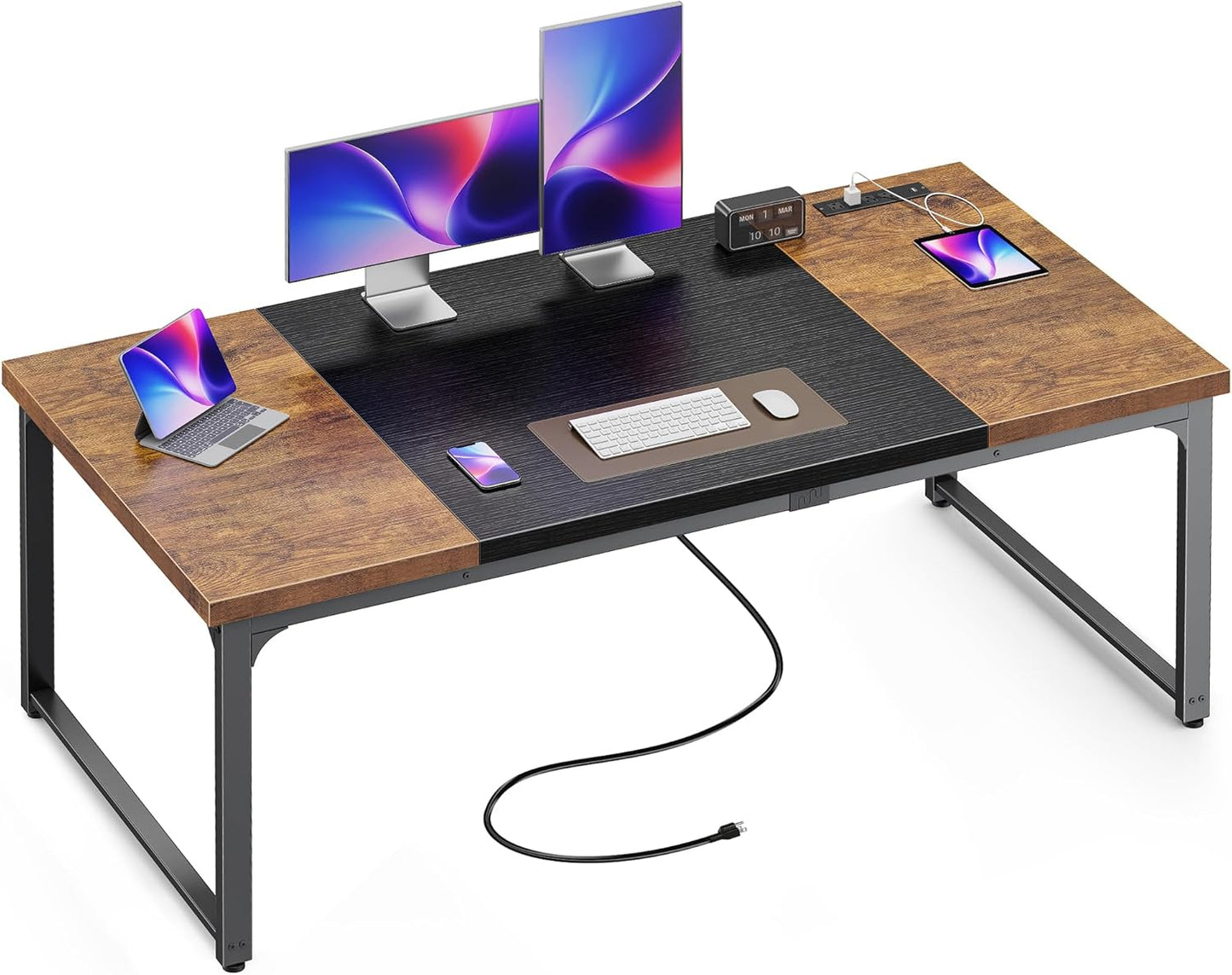 Huuger 63 x 24 inch Desk with Power Outlets & USB-C, Deeper & Thicker Desktop, Robust Metal Tubes, Computer Desk, Heavy Duty Office Desk, Work Gaming Desk, for Home Office, White