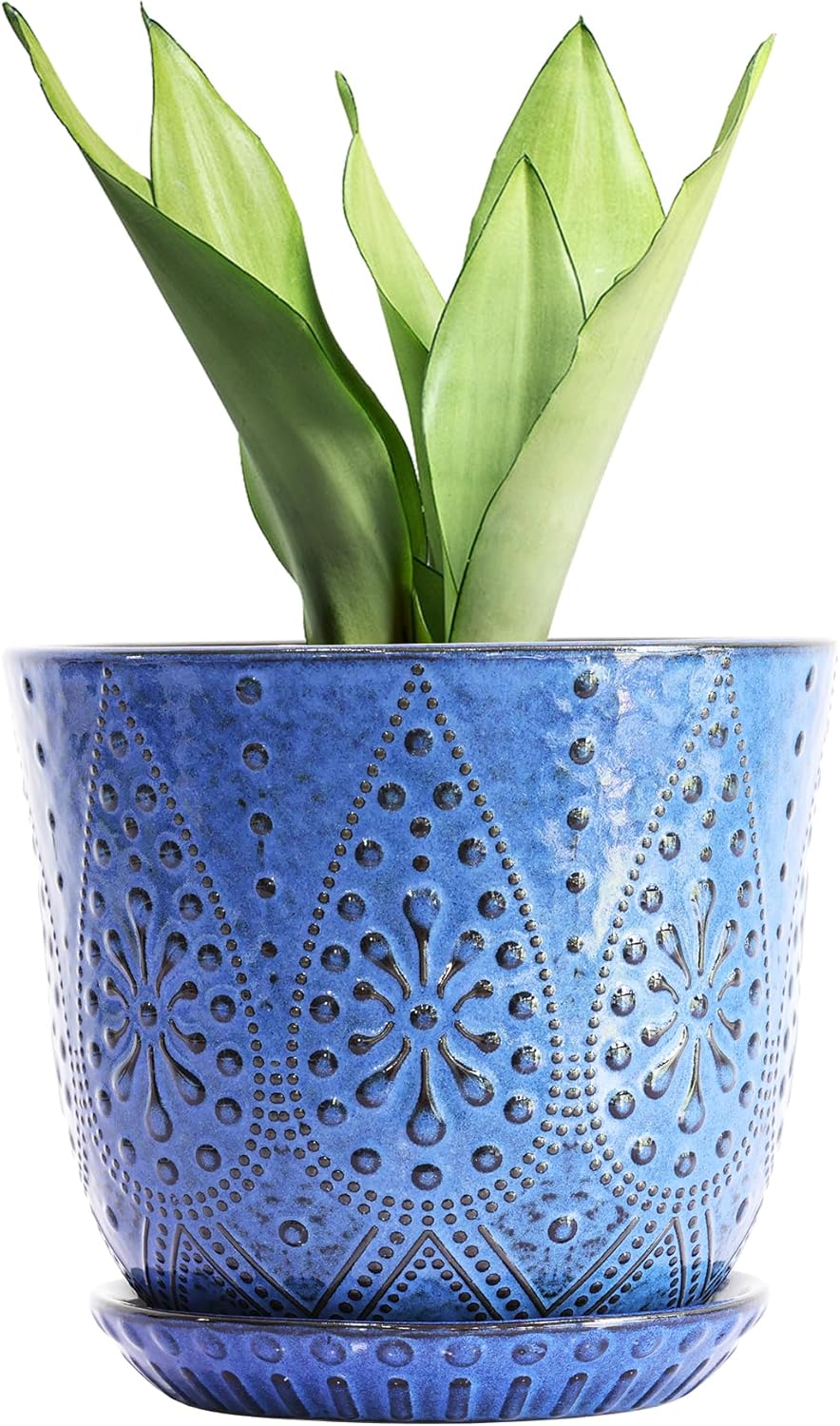 Gepege 6 Inch Beaded Ceramic Planter Set of 2 with Drainage Hole and Saucer for Plants, Indoor-Outdoor Large Round Succulent Orchid Flower Pot (Smoked Gray, Inner-pots not Larger Than 5 Inch)