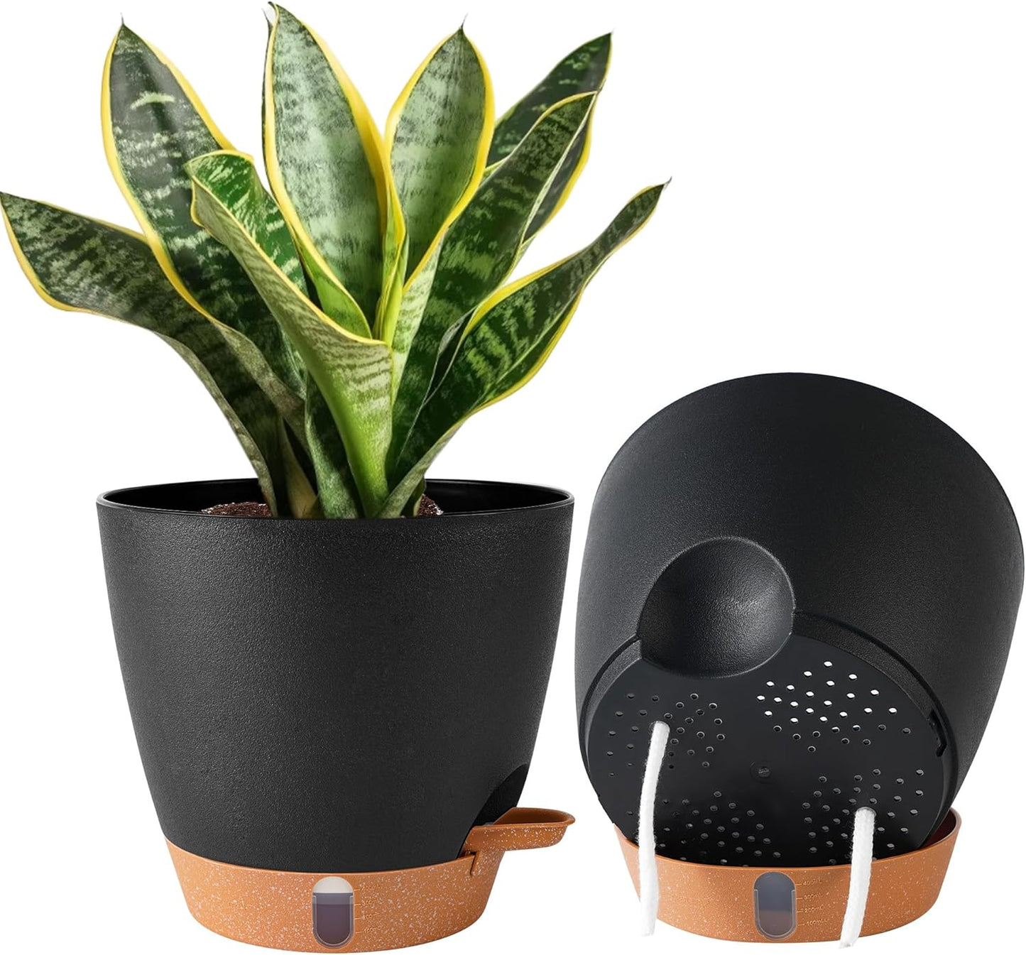 8/10/12 Inch Self Watering Pots for Indoor/Outdoor Plants - Large Plastic Planter with Drainage Holes, Water Level Indicator & Deep Reservoir, Modern Decorative Flower Pots (Black)