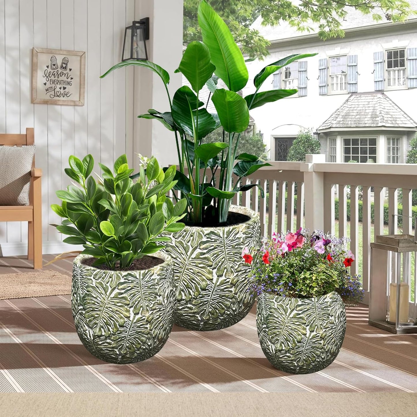 Craft flowerpots 18"+13"+19" Dia Round Concrete Planter Set of 3 Large Outdoor/Indoor Planter Pots Containers with Drainage Holes and Rubber Plug for Home Garden (White, Large)
