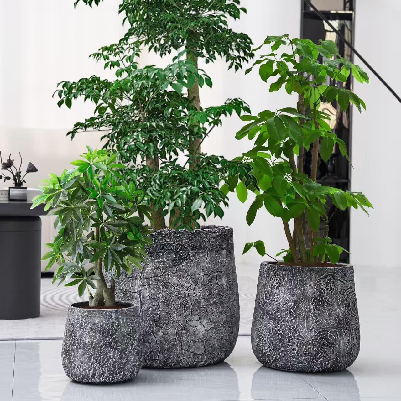 Craft flowerpots 18"+13"+19" Dia Round Concrete Planter Set of 3 Large Outdoor/Indoor Planter Pots Containers with Drainage Holes and Rubber Plug for Home Garden (White, Large)