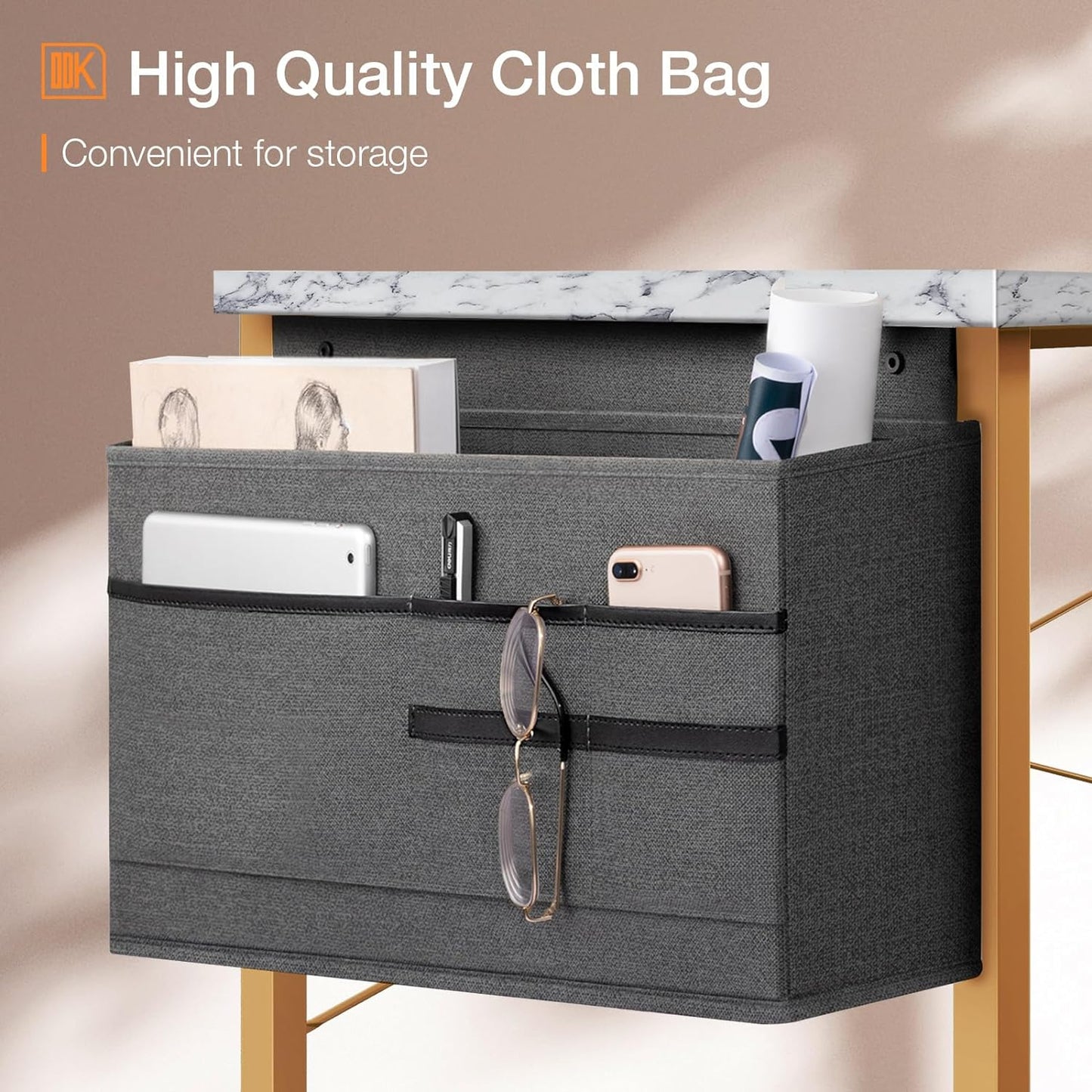 ODK Computer Desk, 40 Inch Small Study Desk, Office Desk with Storage, Work Table with Headphone Hook for Small Space Home Office, White Marble + Gold Leg