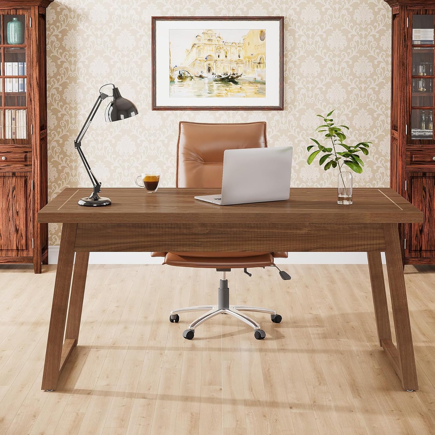 Tribesigns Home Office Executive Desk: 55 Inches Wooden Computer Desk with Drawer, Mid-Century Modern Study Writing Table, Rustic PC Laptop Desk Workstation Furniture, Walnut Brown