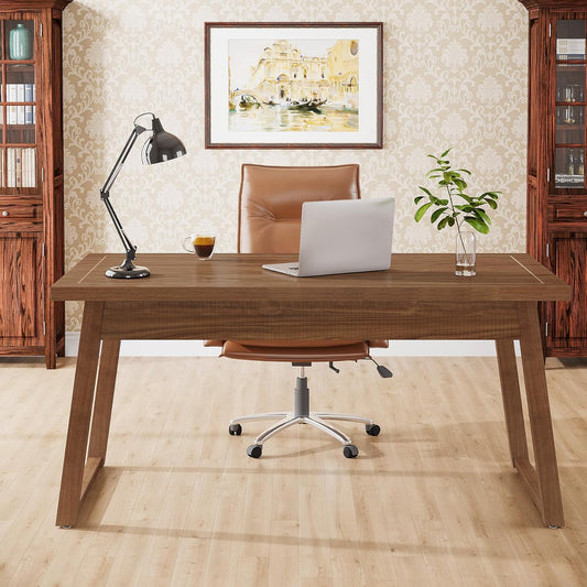Tribesigns Home Office Executive Desk: 55 Inches Wooden Computer Desk with Drawer, Mid-Century Modern Study Writing Table, Rustic PC Laptop Desk Workstation Furniture, Walnut Brown